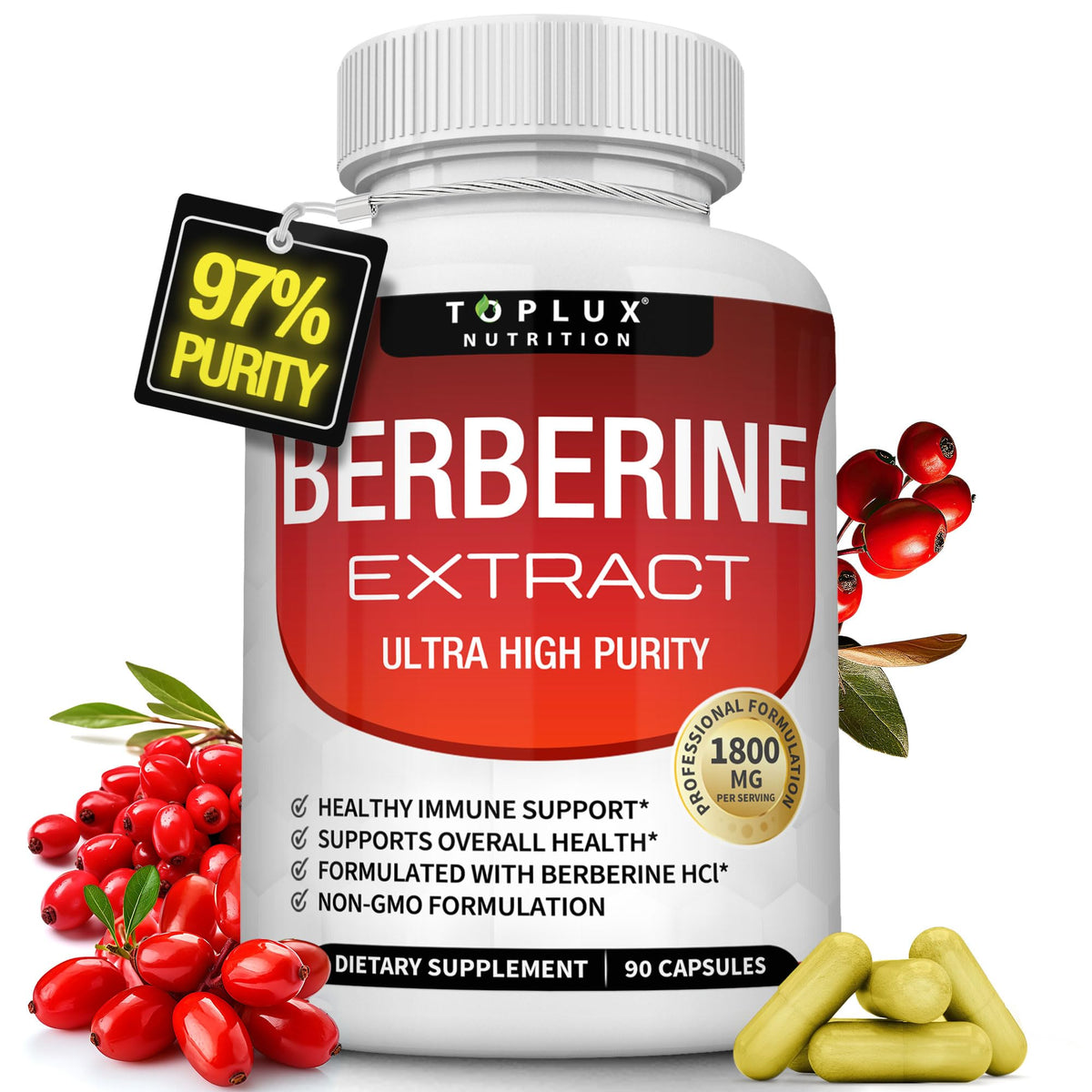 Toplux Berberine bottle showing 1800 mg potency for daily wellness.