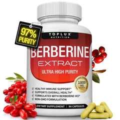 Toplux Berberine bottle showing 1800 mg potency for daily wellness.