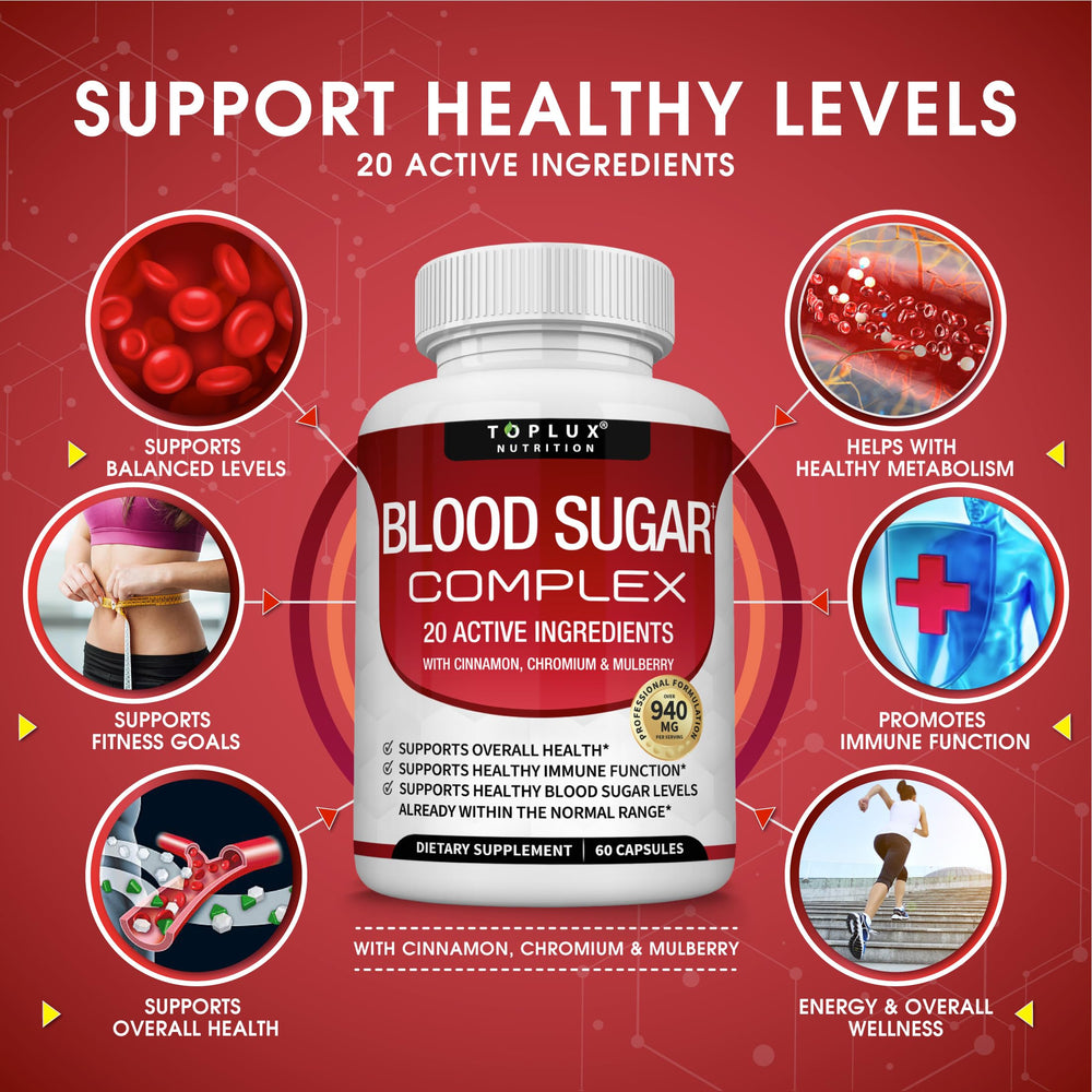 Toplux Blood Sugar Complex bottle label lists key ingredients.