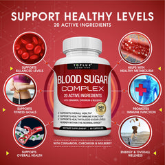 Toplux Blood Sugar Complex bottle label lists key ingredients.
