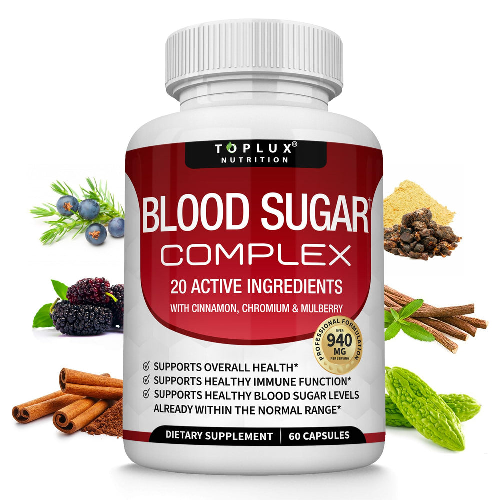Toplux Blood Sugar Complex bottle for daily balance.