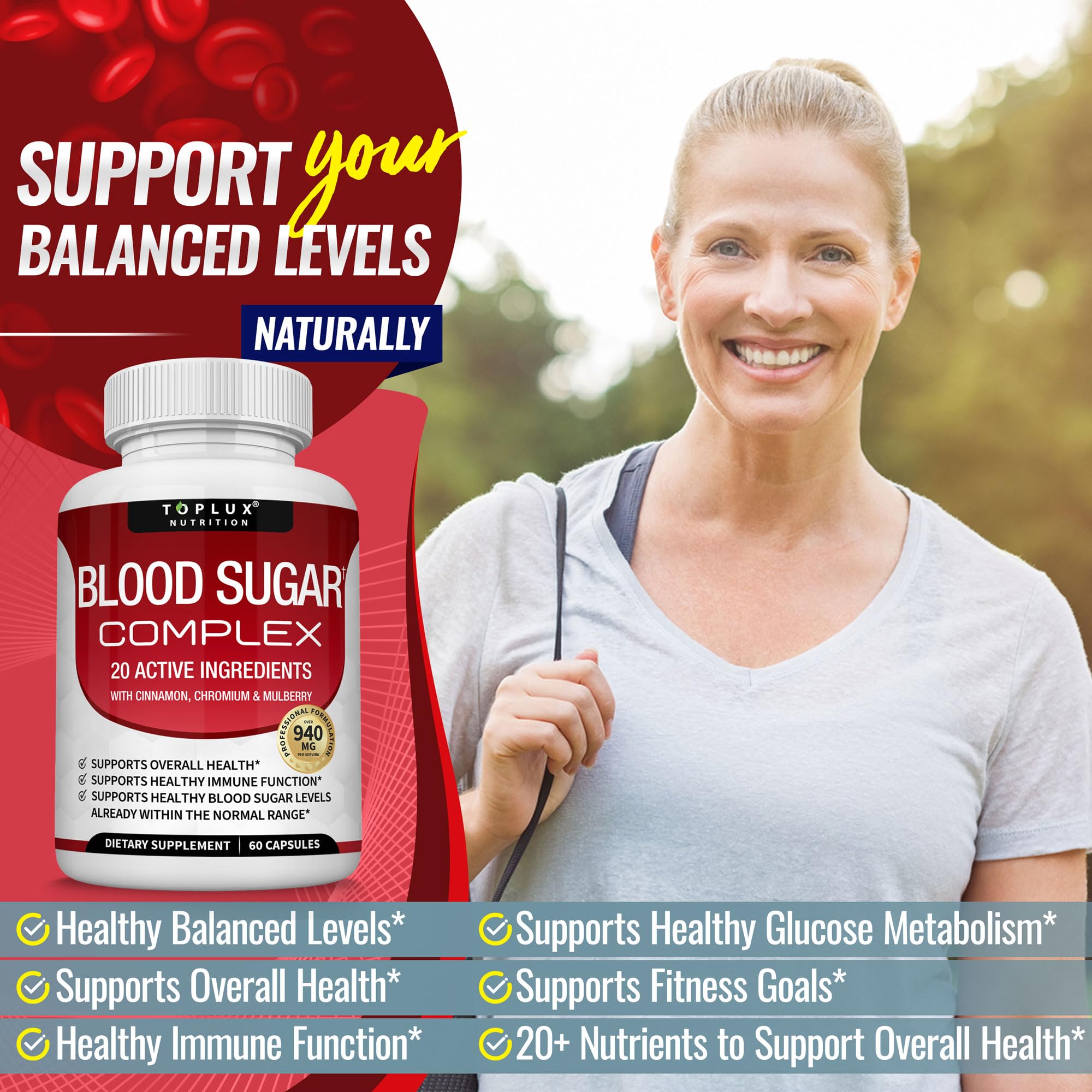 Toplux Blood Sugar Complex capsules ready for daily use.