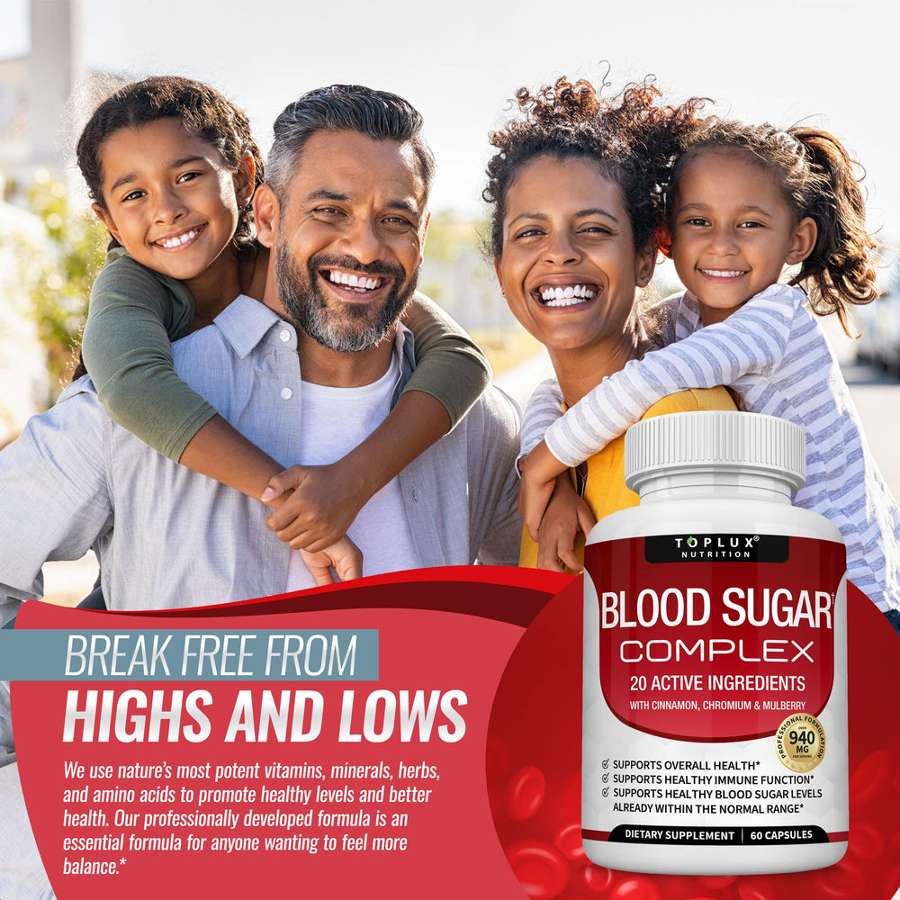 Toplux Blood Sugar Complex daily-use scene with capsule and water.