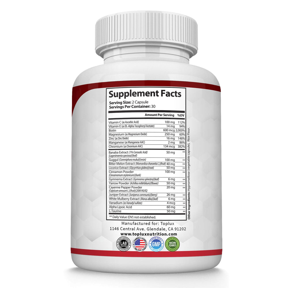 Toplux Blood Sugar Complex diet-friendly supplement fits meals and routines.