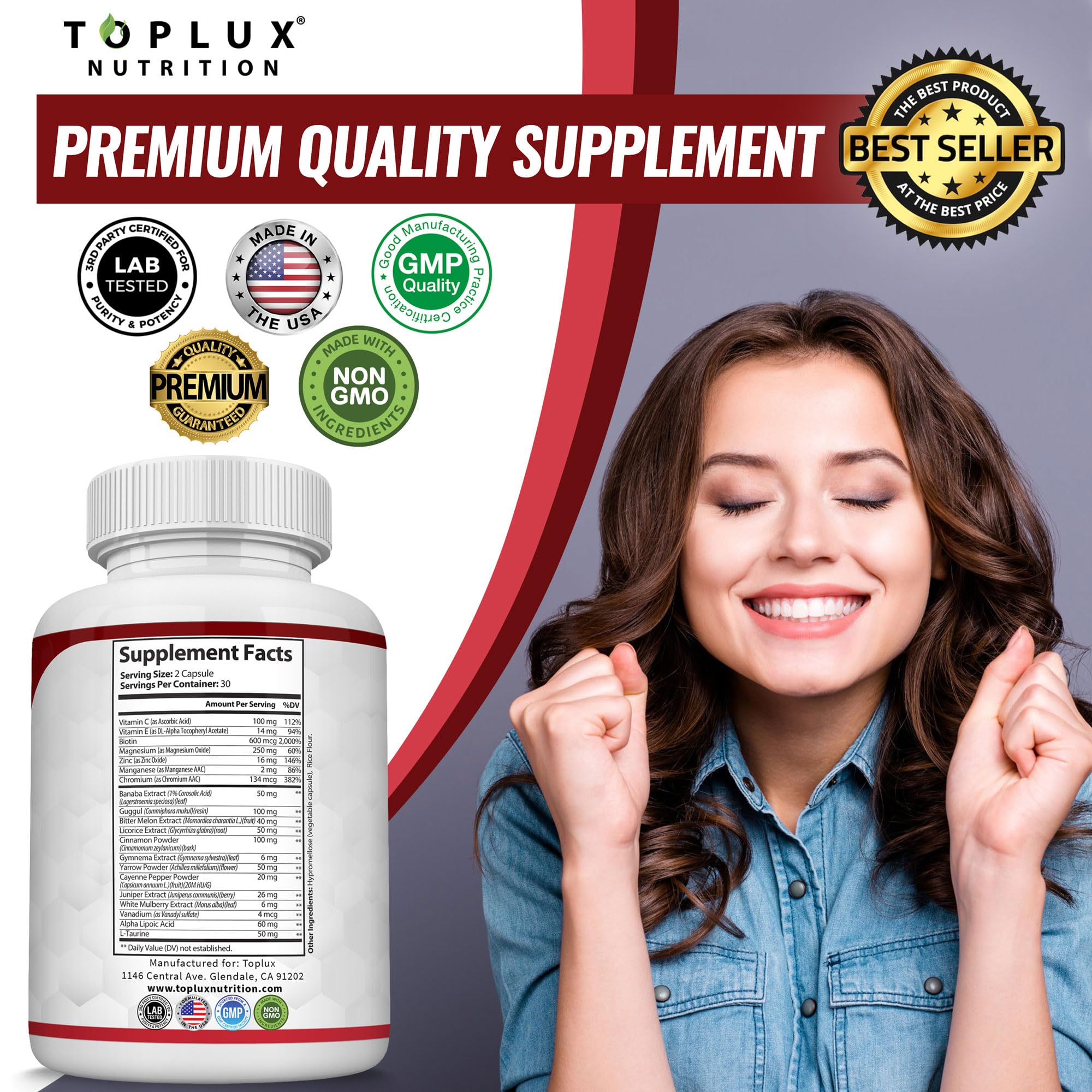 Toplux Blood Sugar Complex GMP facility seal signals trust and safety.