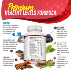 Toplux Blood Sugar Complex ingredients chart highlights cinnamon and bitter melon.