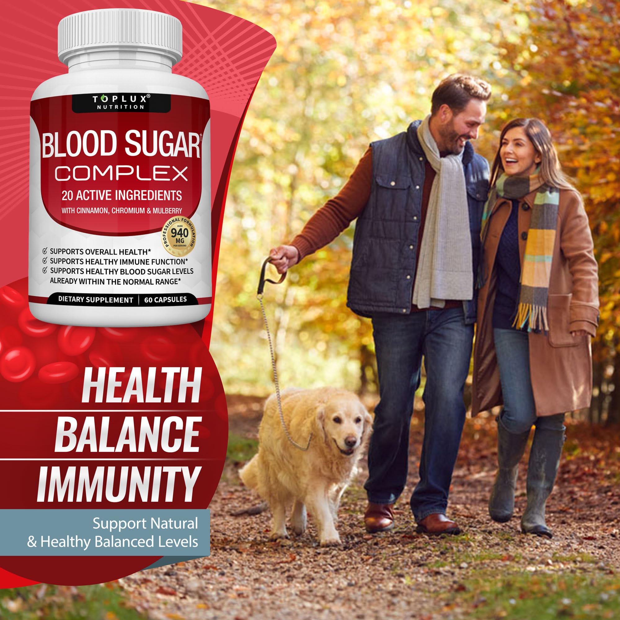 Toplux Blood Sugar Complex packaging emphasizes non-GMO USA-made quality.