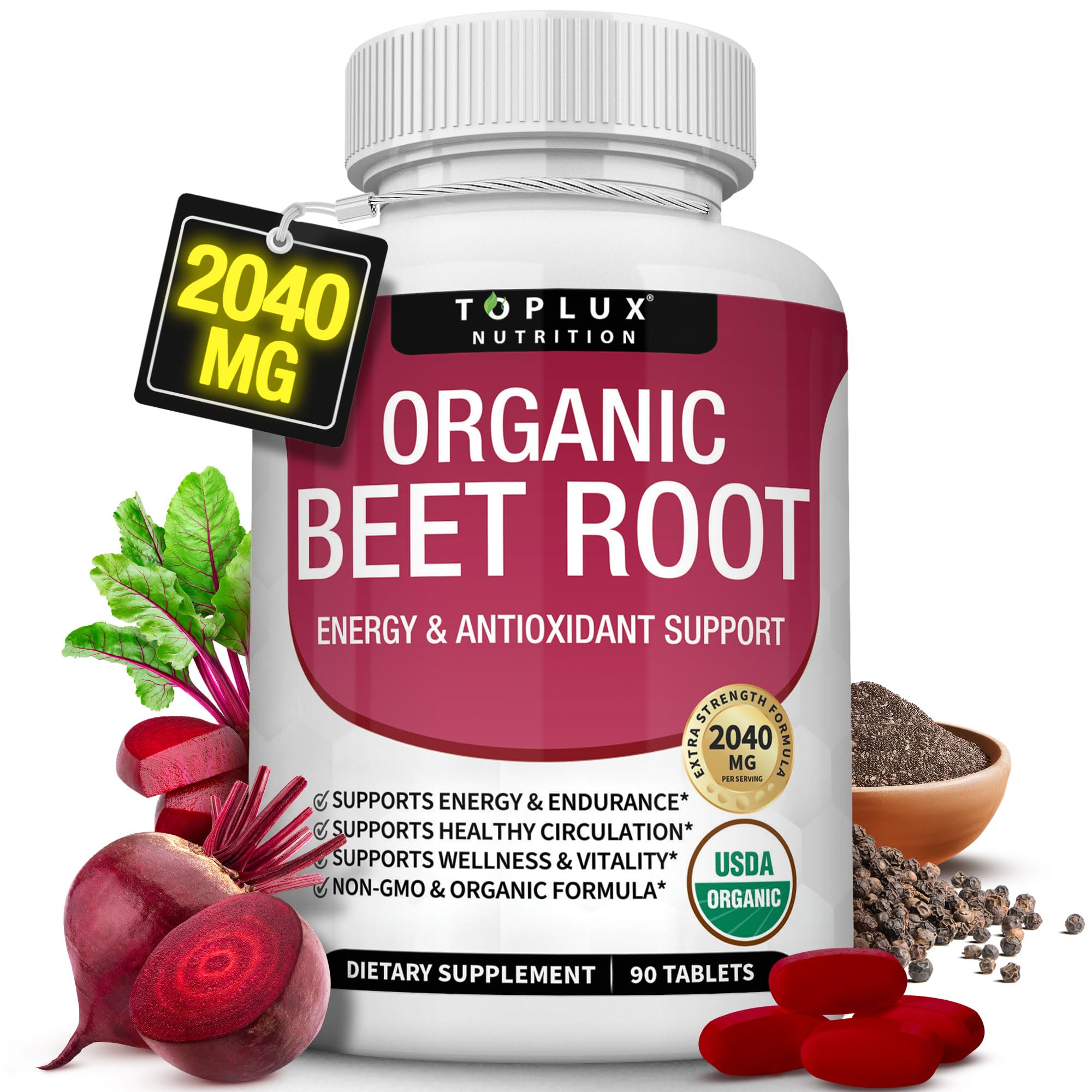 Toplux Organic Beet Root Tablets bottle ready for daily energy support.