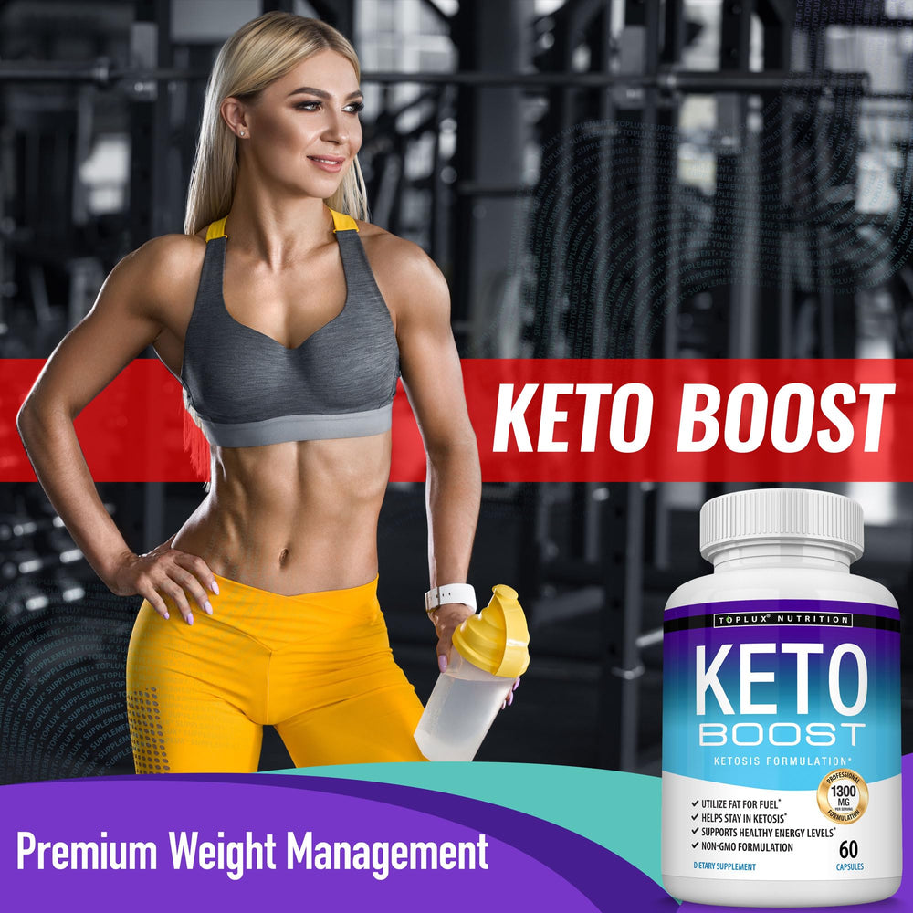 Keto Boost on kitchen counter next to healthy snack options.