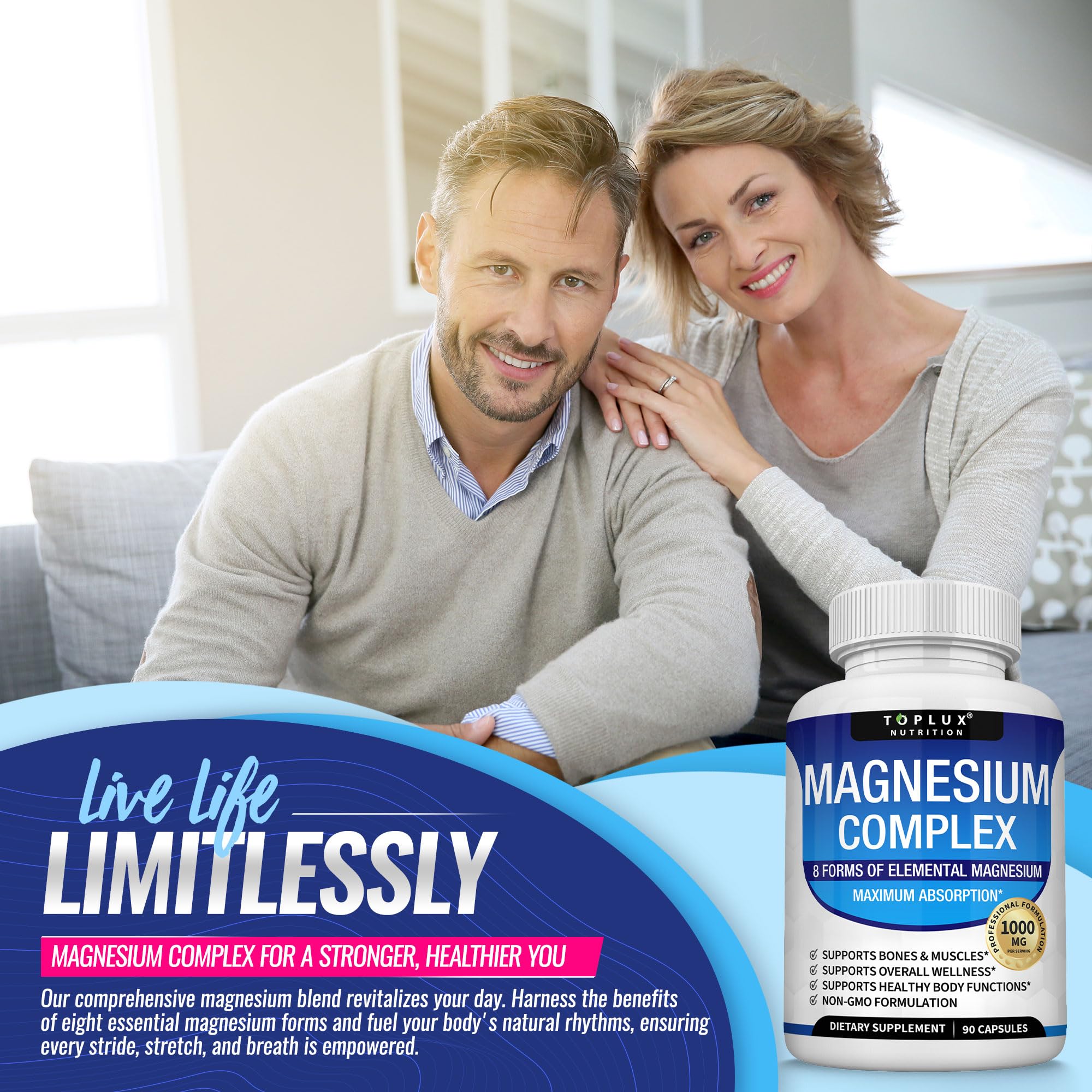 Close-up of Toplux Magnesium Complex capsules highlighting vegan, easily absorbed formula.
