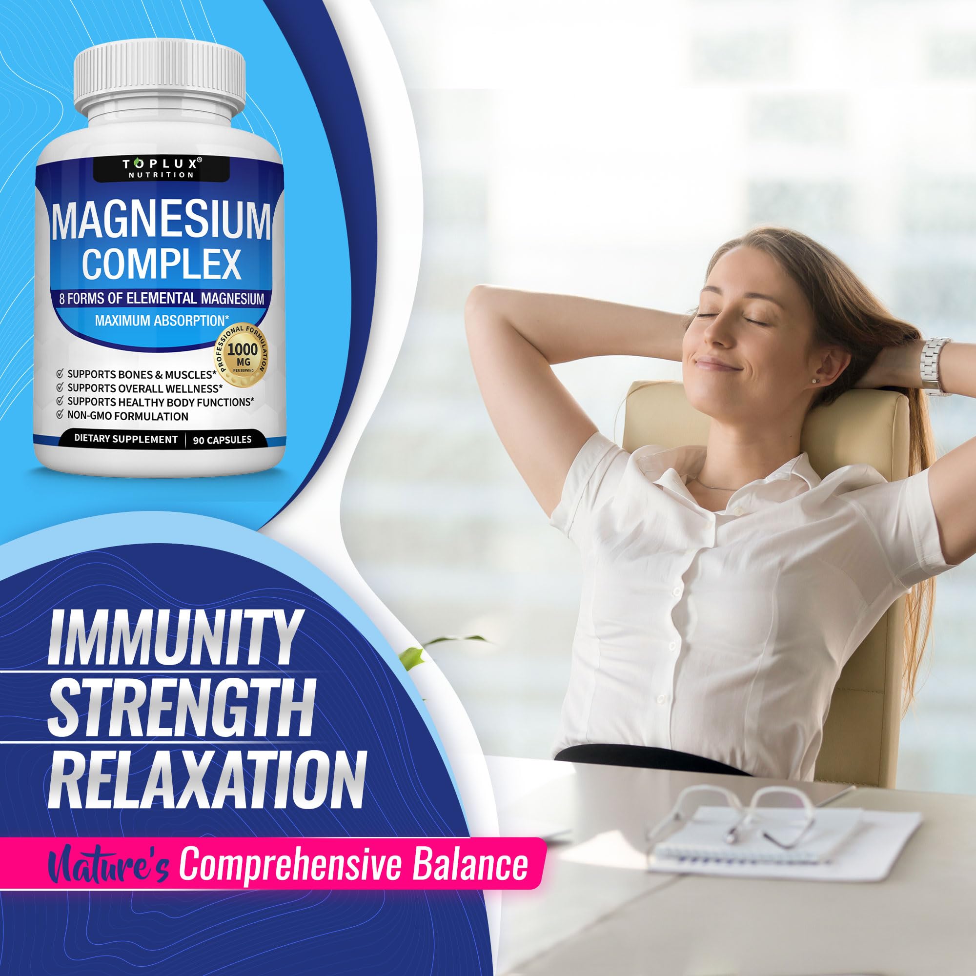 Toplux Magnesium Complex label emphasizes vegan and non-GMO ingredients.