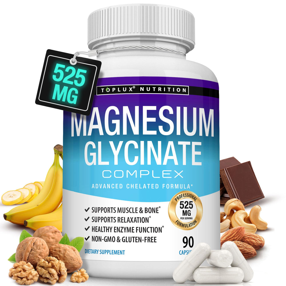 Toplux Magnesium Glycinate 525mg bottle for daily supplementation and easy absorption.
