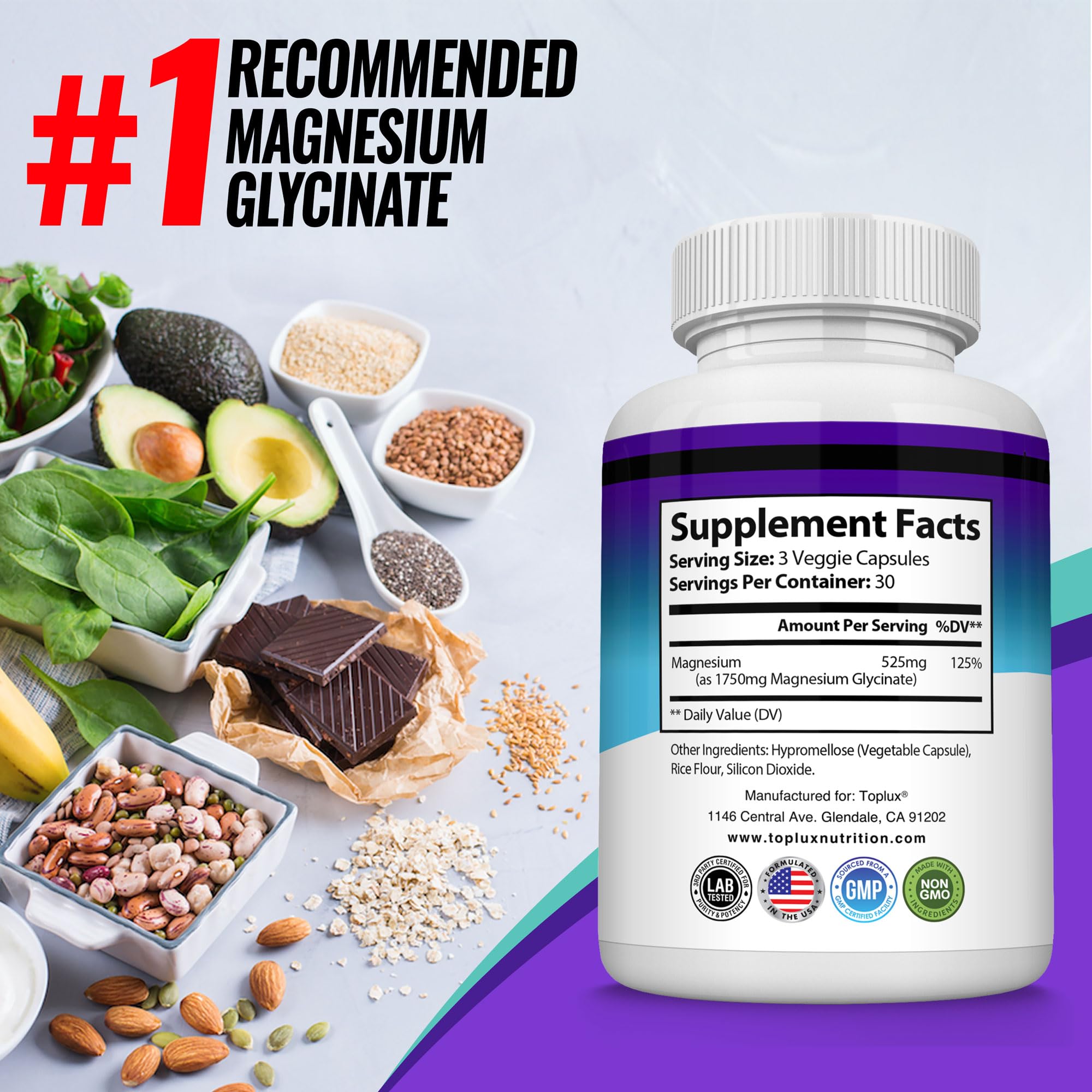 Toplux Magnesium Glycinate bottle with water suggests simple daily rituals.