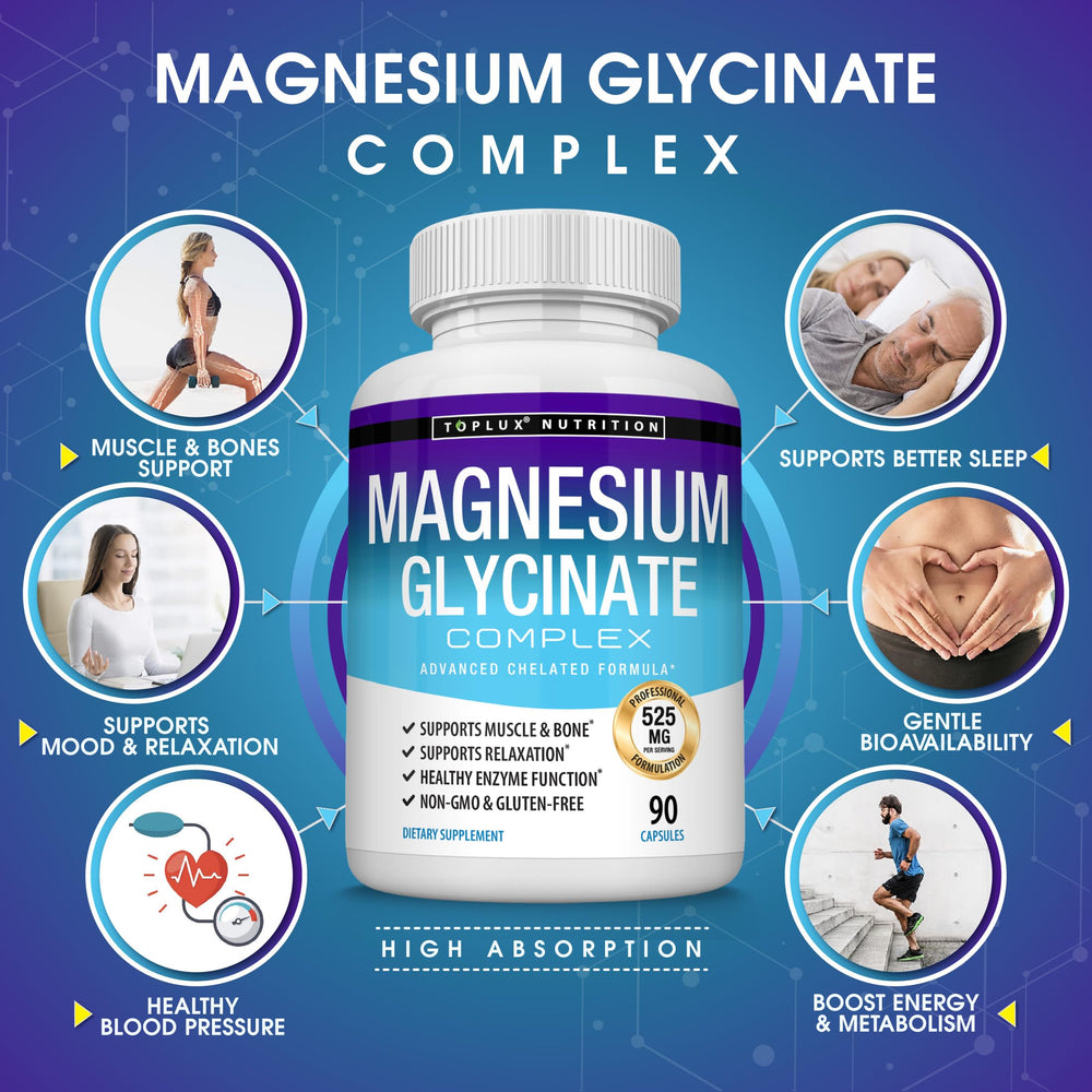 Toplux Magnesium Glycinate label closeup displaying purity and quality assurance.