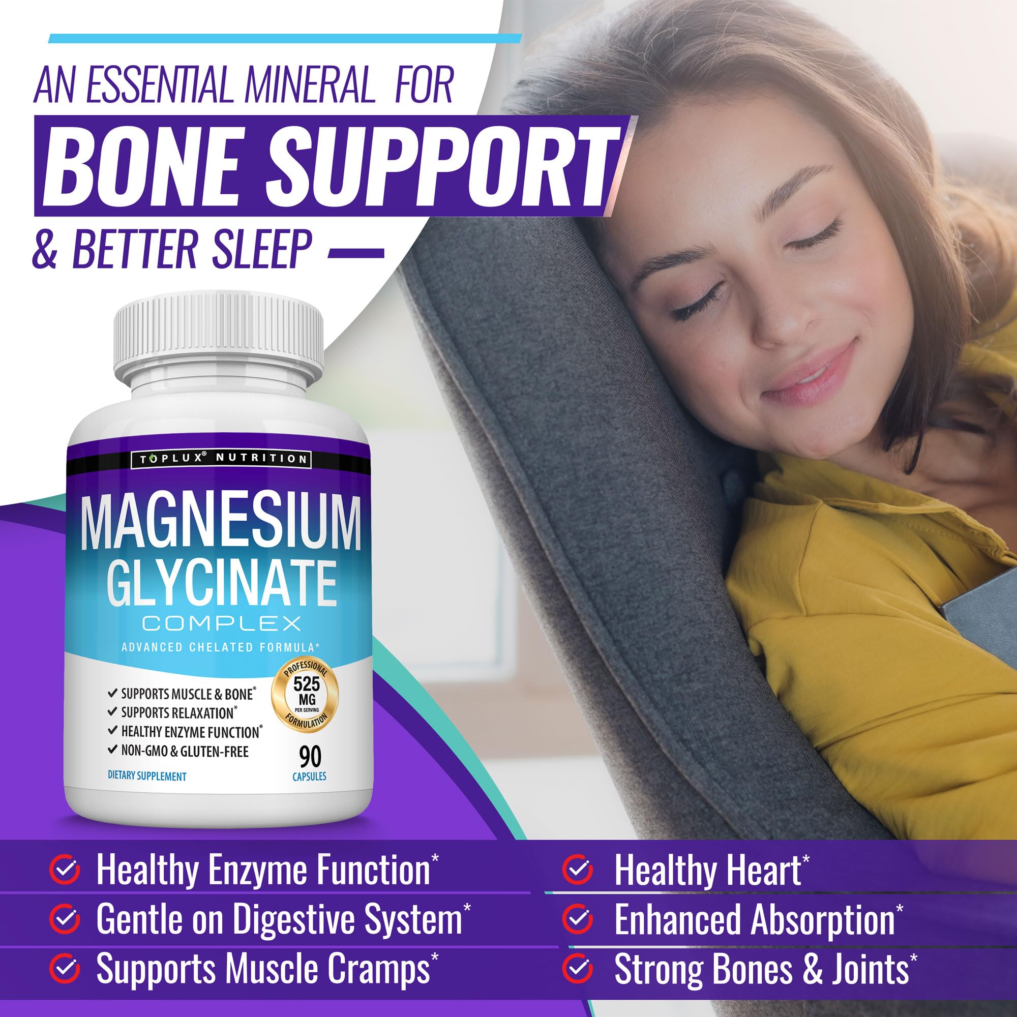 Toplux Magnesium Glycinate label ingredients closeup highlighting the bisglycinate formula.