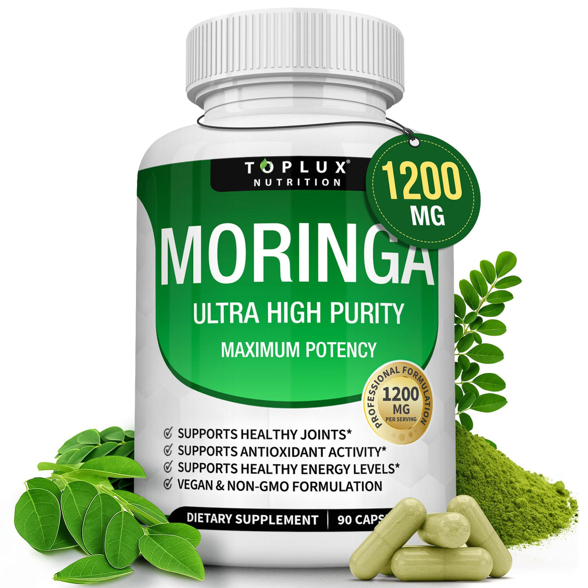Toplux Moringa capsules bottle for daily energy and immune support