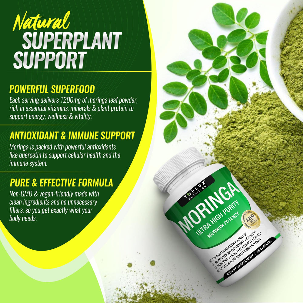 Toplux Moringa capsules label closeup with 1,200mg per serving