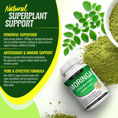 Toplux Moringa capsules label closeup with 1,200mg per serving