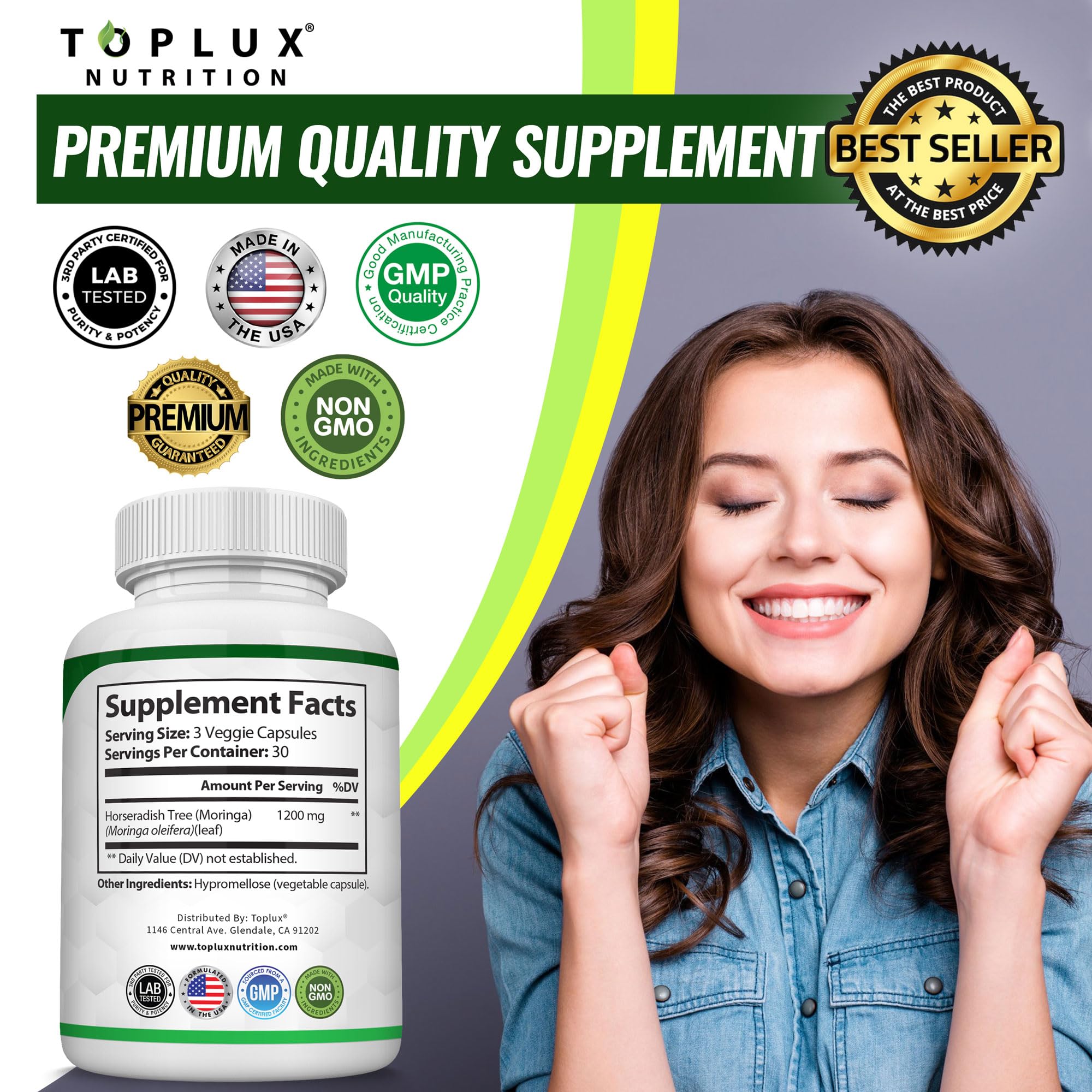 Toplux Moringa capsules displayed on table ready for daily use