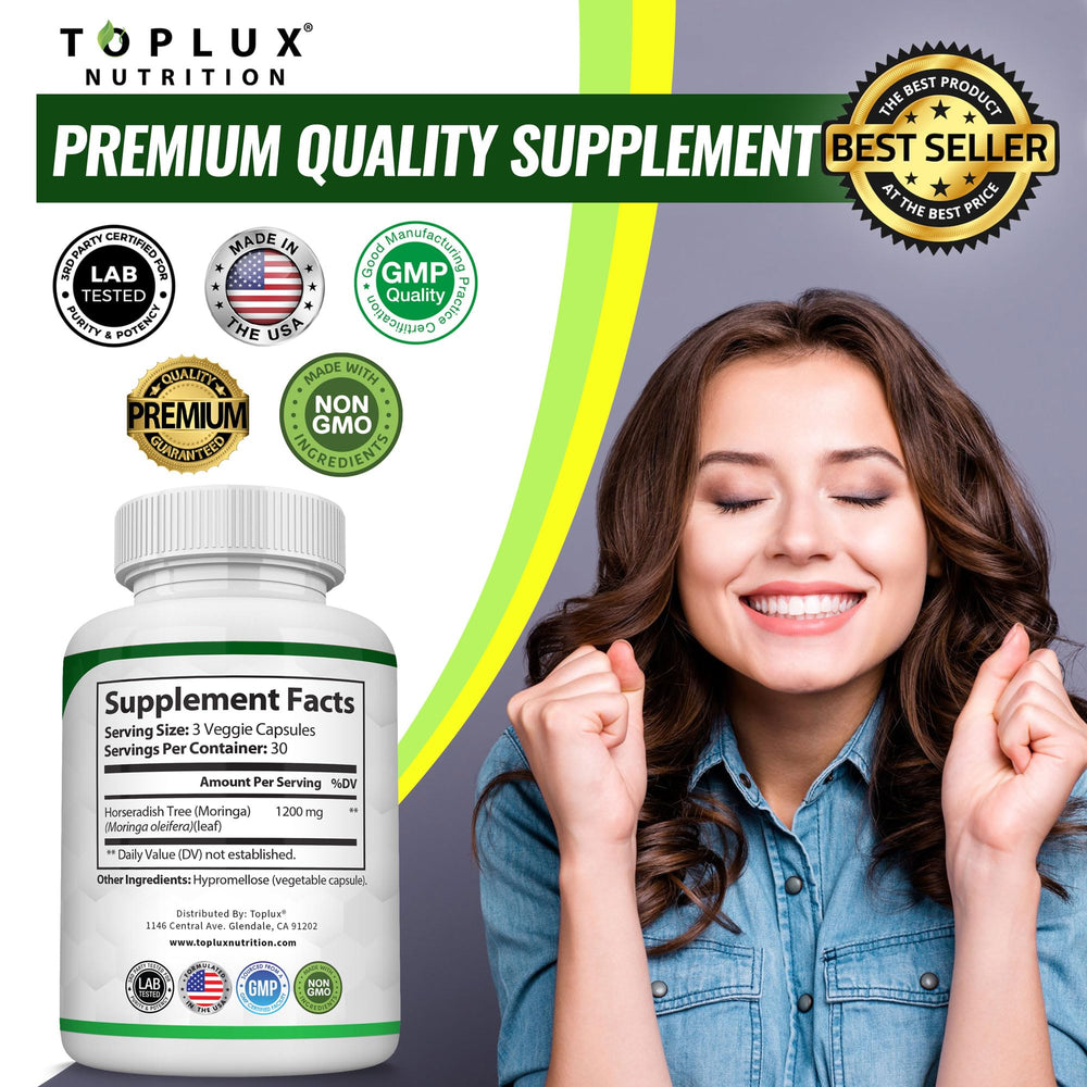 Toplux Moringa capsules displayed on table ready for daily use