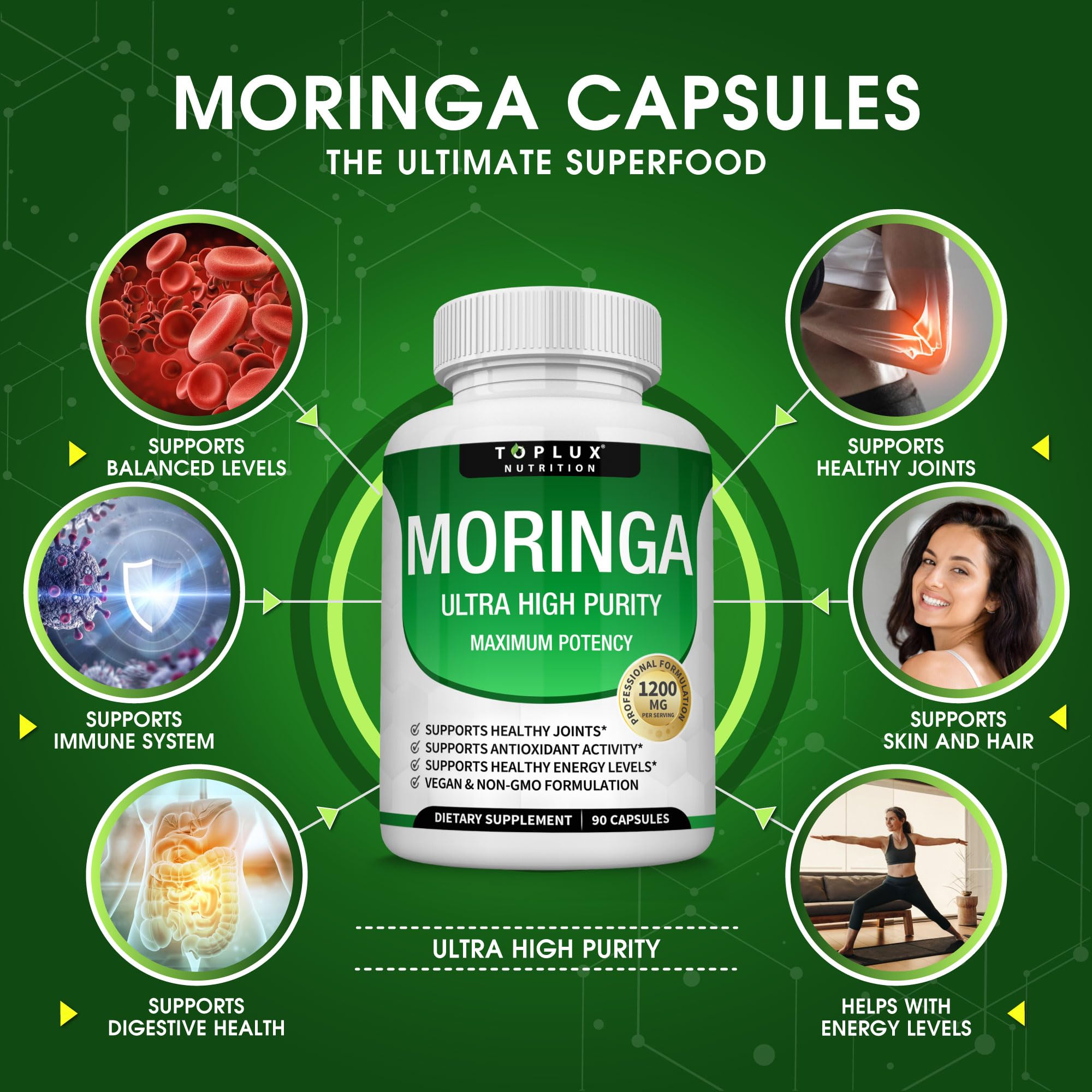 Toplux Moringa packaging box highlighting vegan non-GMO formula