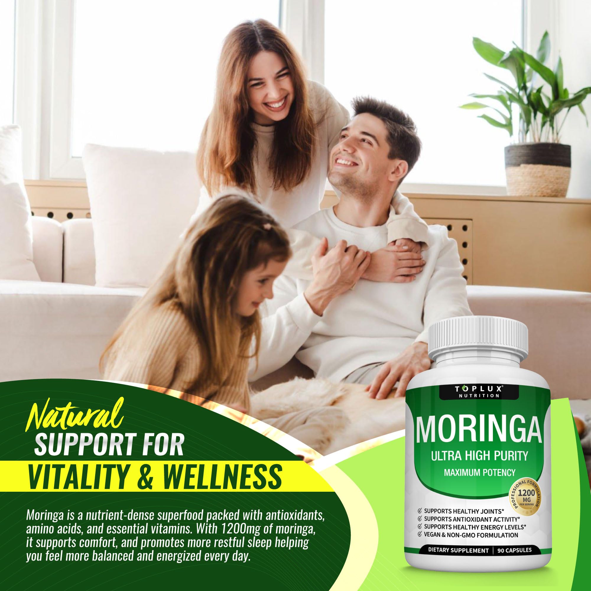 Toplux Moringa nutrition facts panel emphasizing potency and serving size