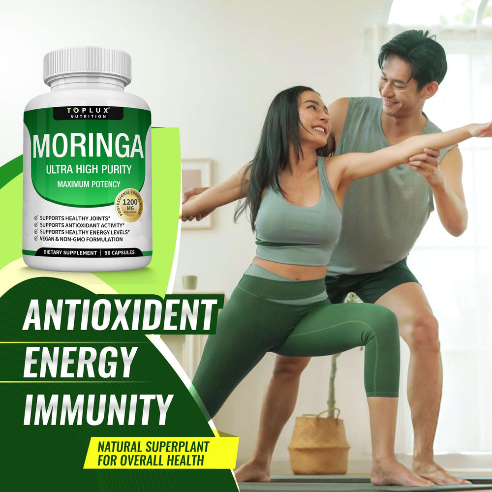 Toplux Moringa vegan non-GMO packaging highlighting clean ingredients