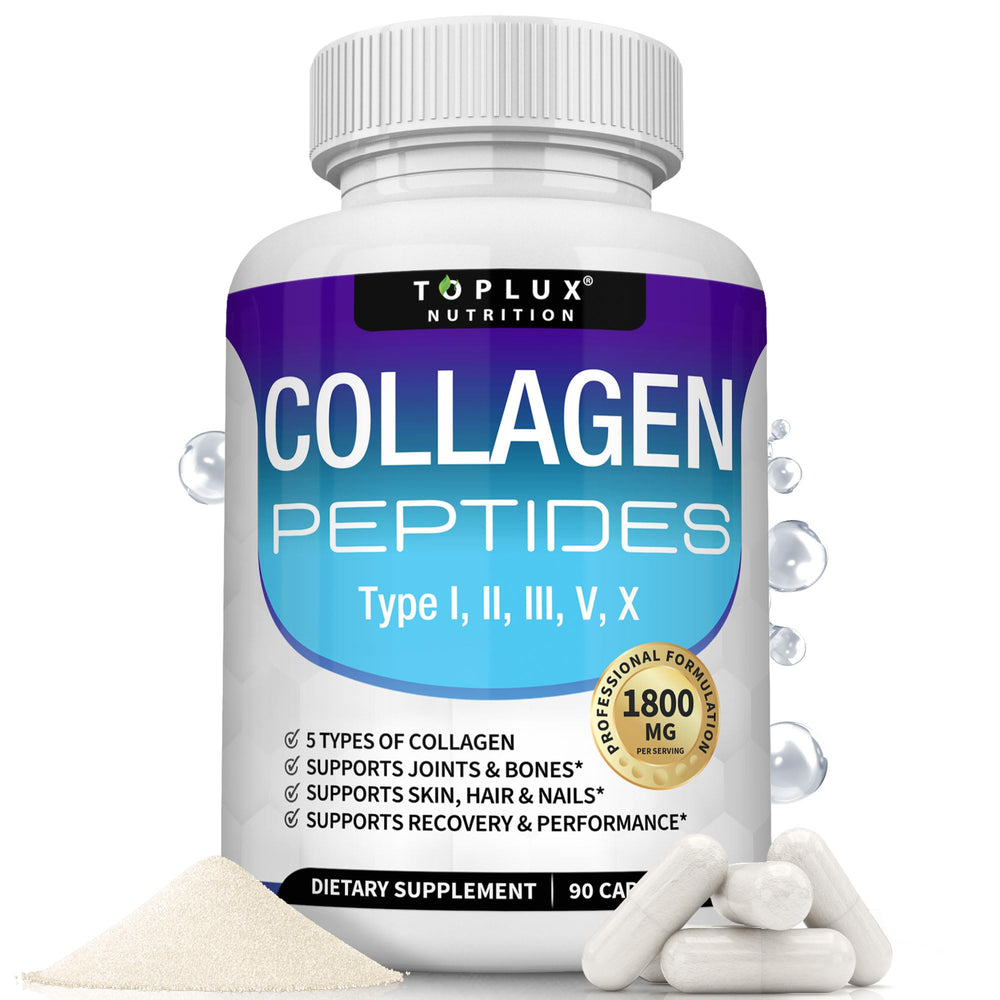 Toplux Multi Collagen Pills bottle showing 90 capsules for skin and joint support