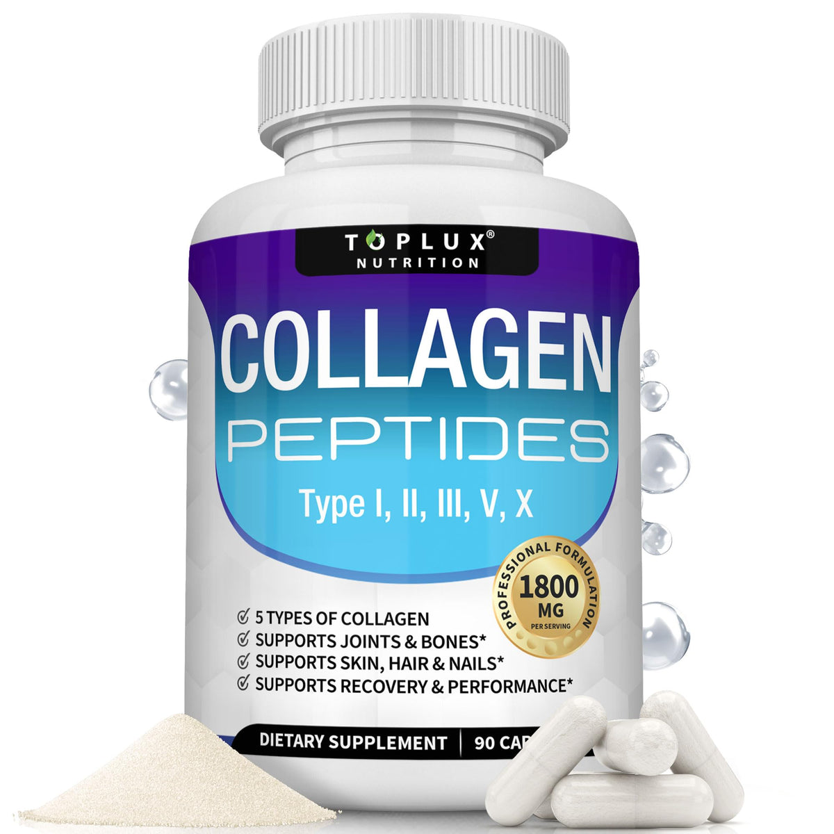 Toplux Multi Collagen Pills bottle showing 90 capsules for skin and joint support