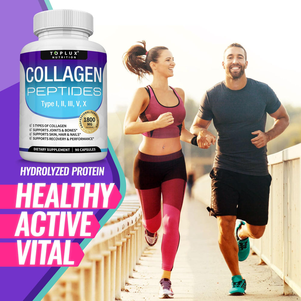 Toplux Multi Collagen Pills jar close-up emphasizing hydrolyzed protein quality