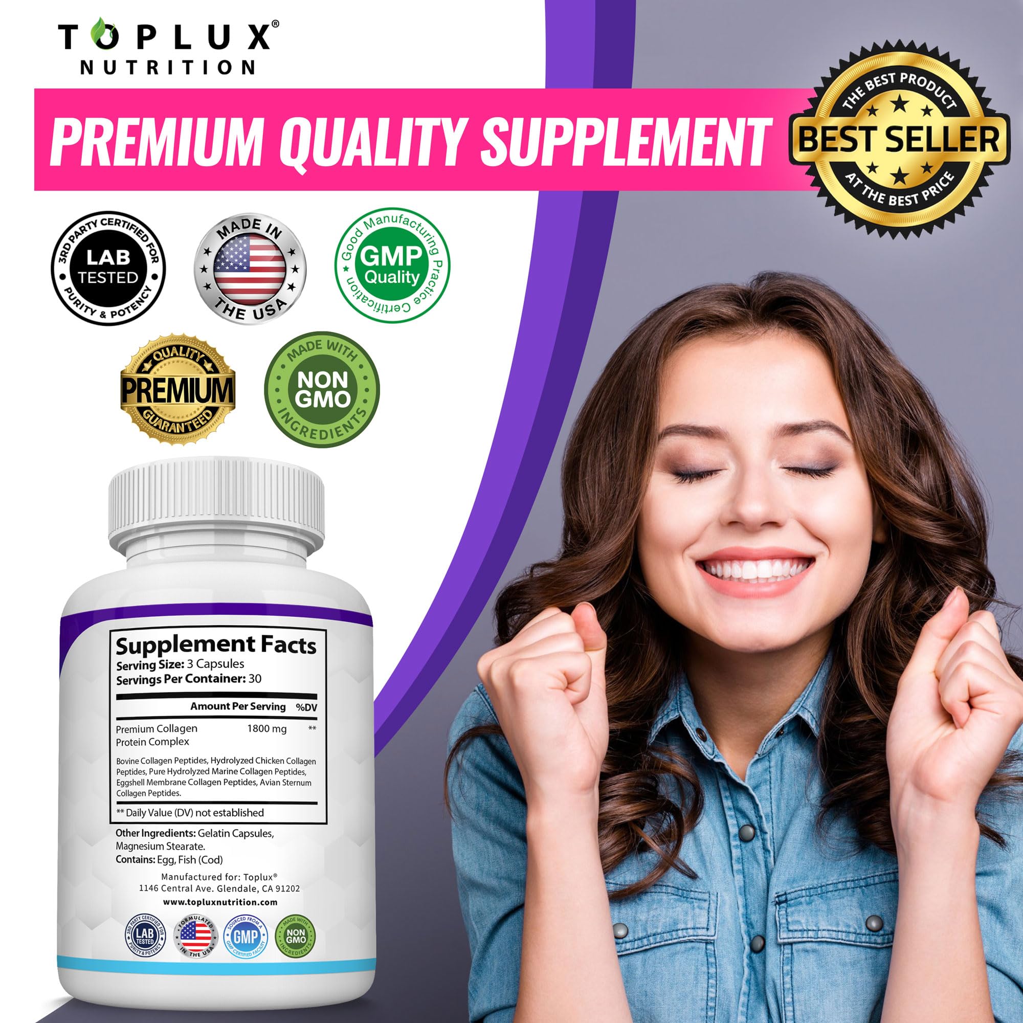 Toplux Multi Collagen Pills packaging with 90 capsules for keto-friendly regimens