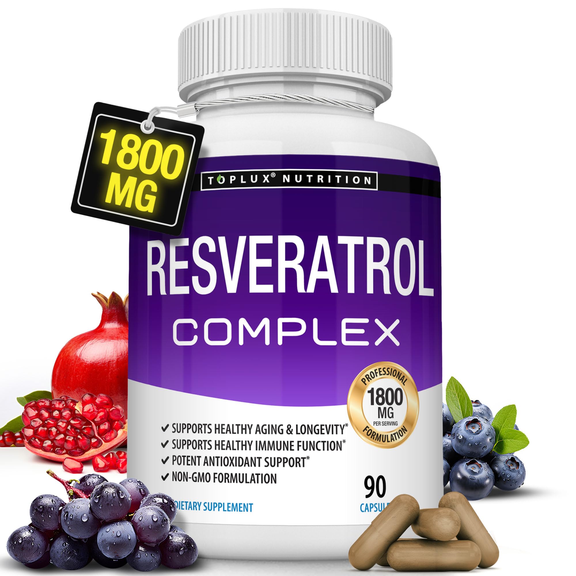 Toplux Resveratrol bottle front view highlighting the antioxidant complex