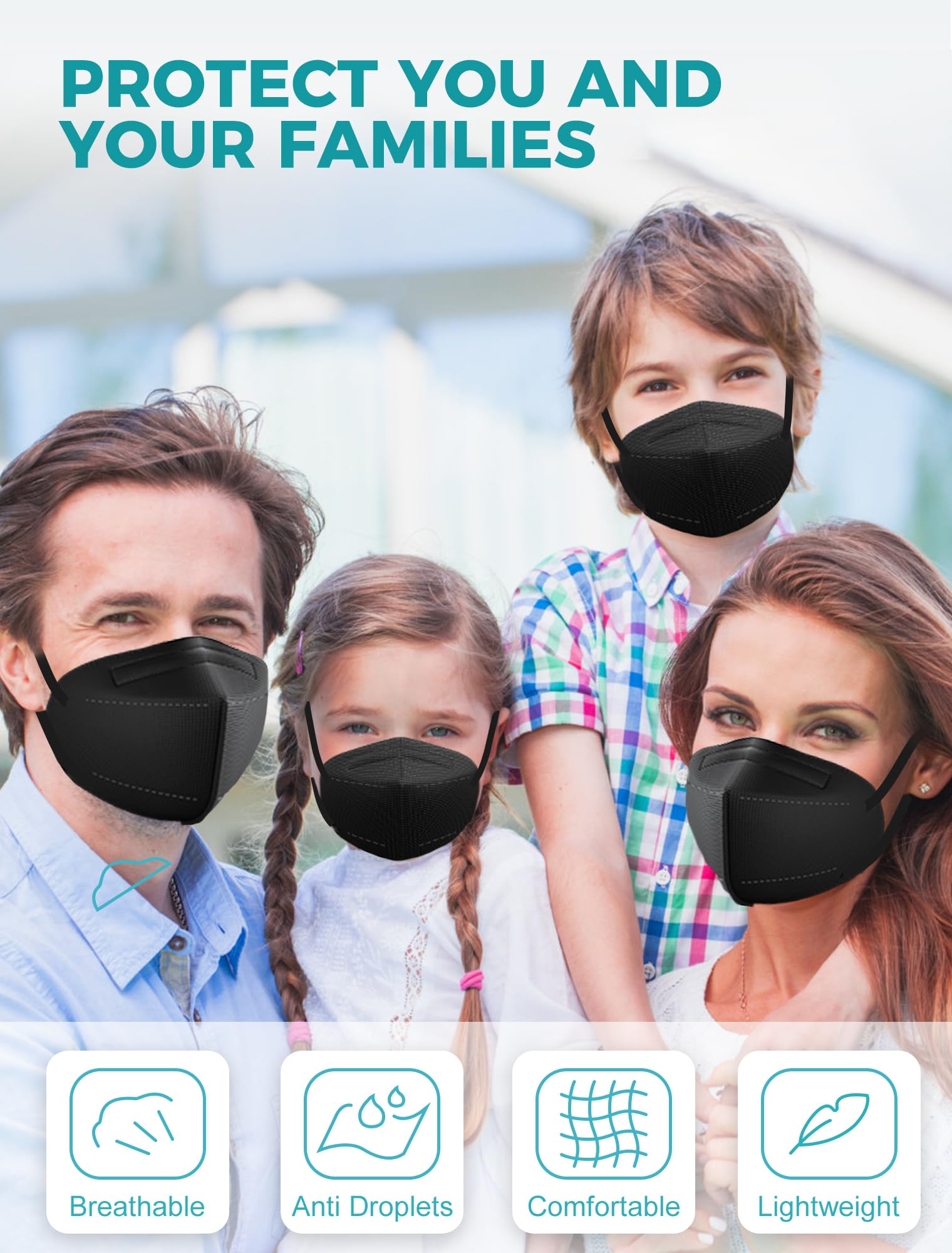 TOPMAX KN95 mask 50-pack in black, ideal for family use.