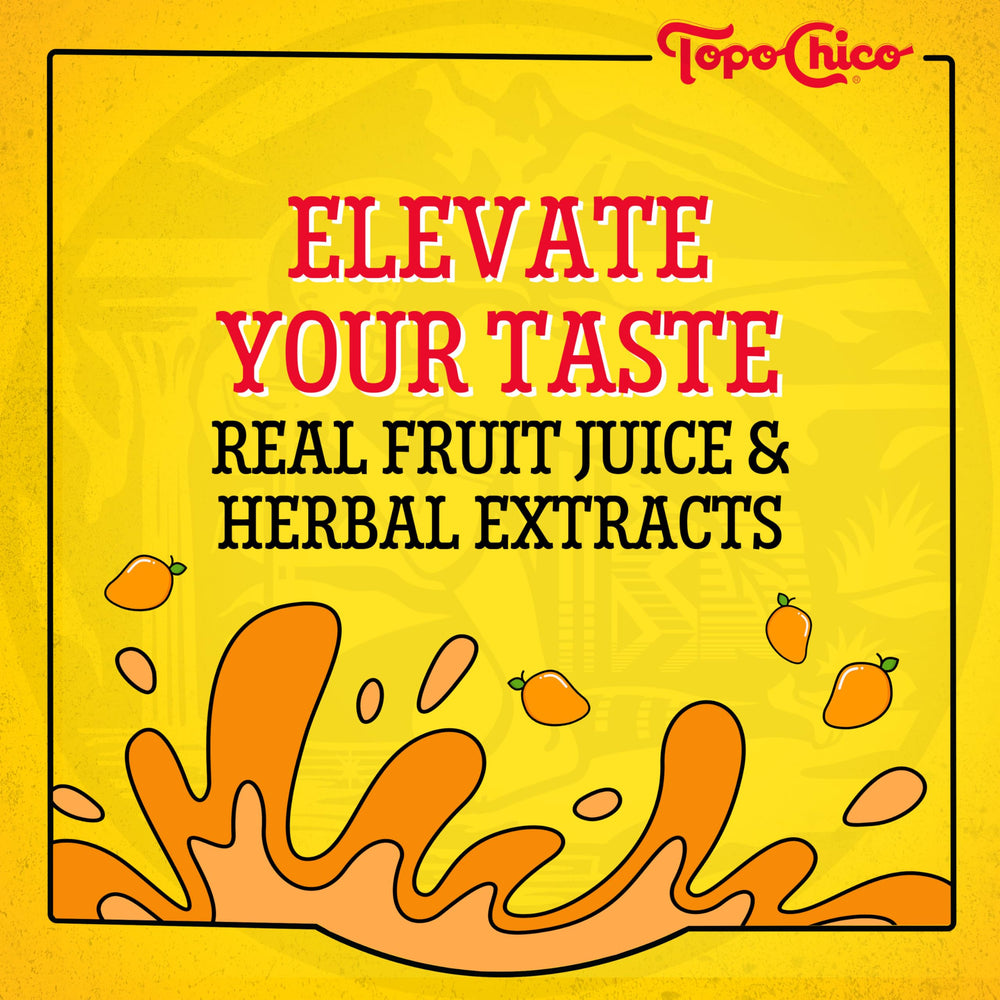 Topo Chico Flavors Tropical Mango bubbles closeup, mineral effervescence