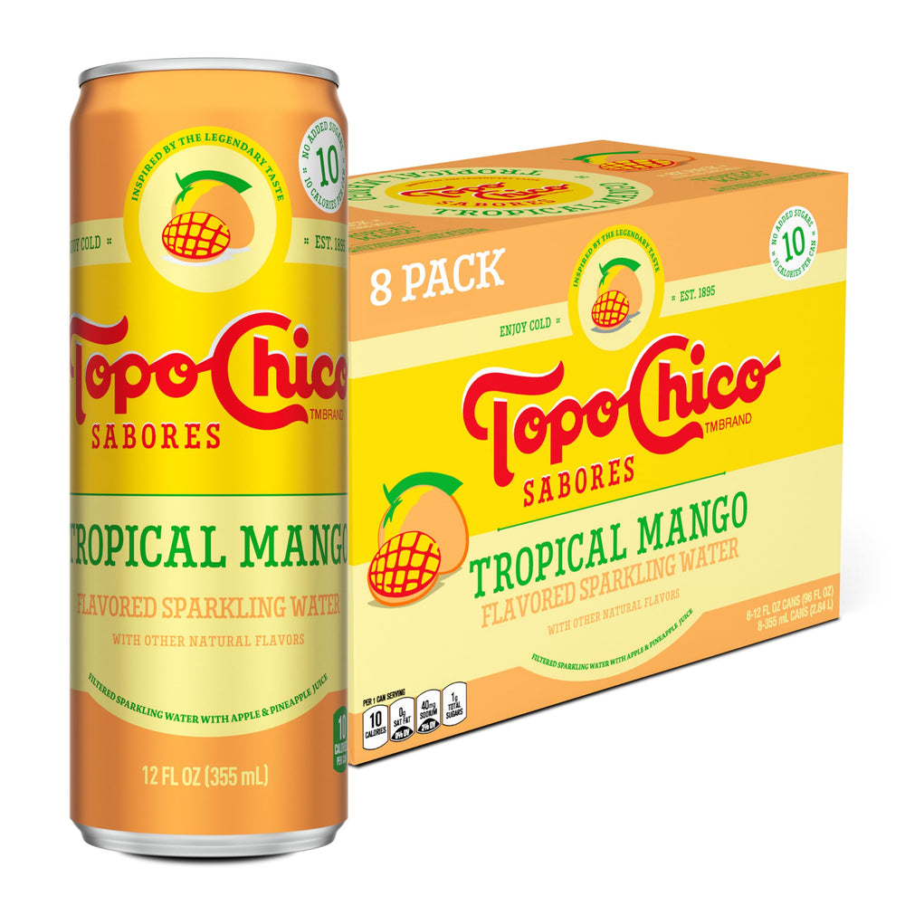 Topo Chico Flavors Tropical Mango can front view, crisp refreshment for snack time
