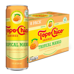 Topo Chico Flavors Tropical Mango can front view, crisp refreshment for snack time