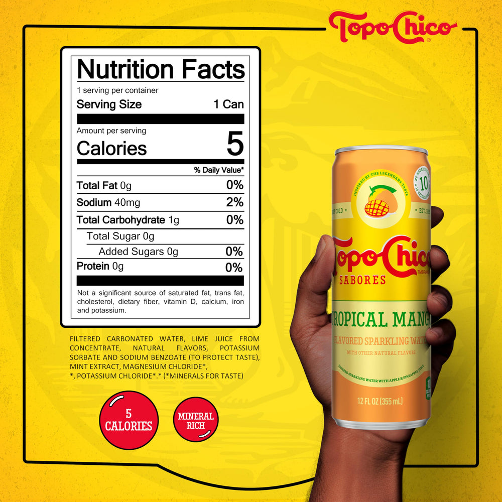 Topo Chico Flavors Tropical Mango can side view, bright mango aroma with meals