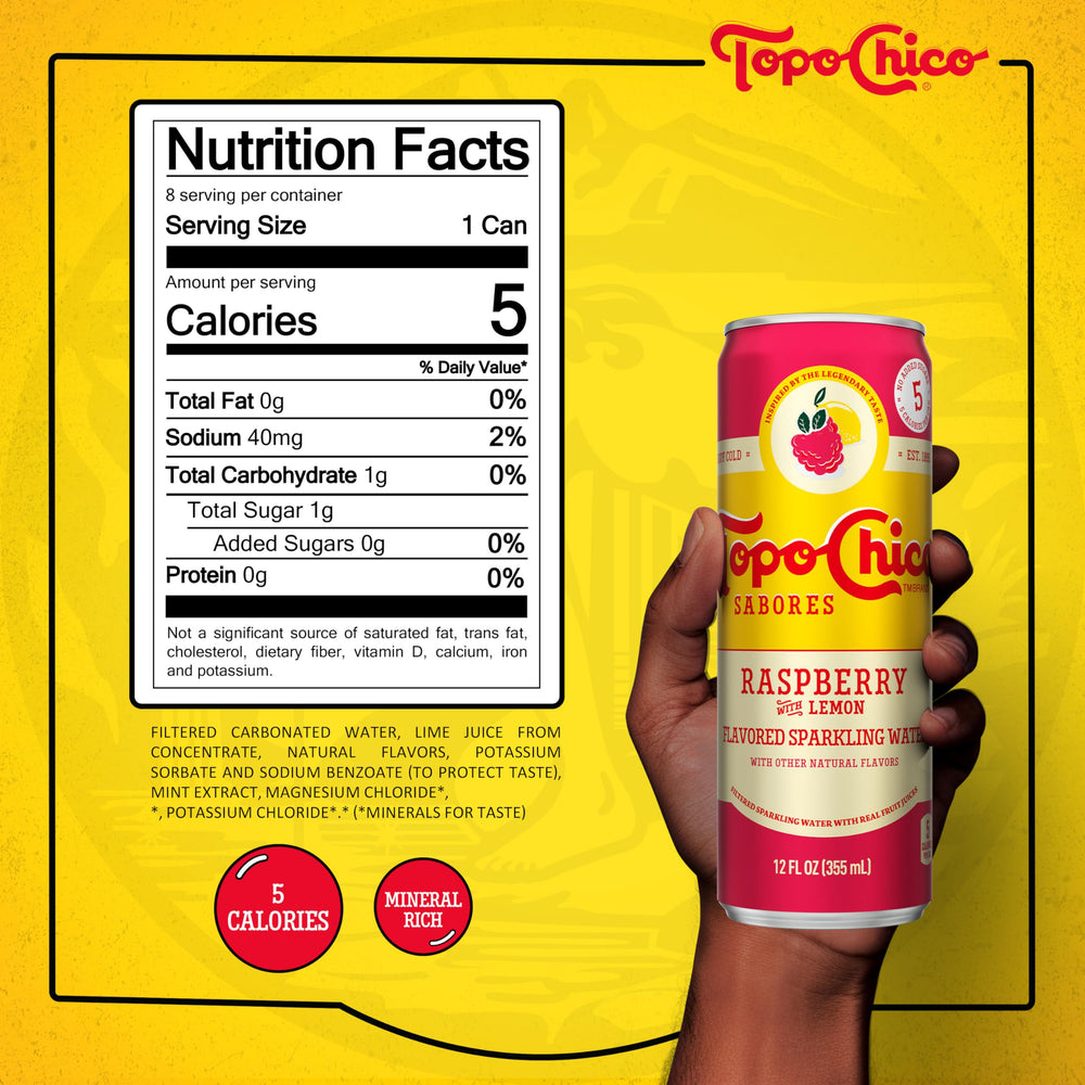 Topo Chico Sabores Raspberry with Lemon can being poured, highlighting crisp bubbles and fruity aroma