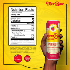 Topo Chico Sabores Raspberry with Lemon can being poured, highlighting crisp bubbles and fruity aroma