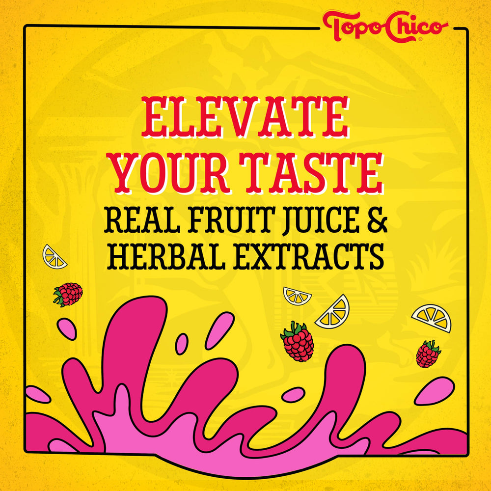 Topo Chico Sabores Raspberry with Lemon glass served, highlighting vibrant color and effervescence