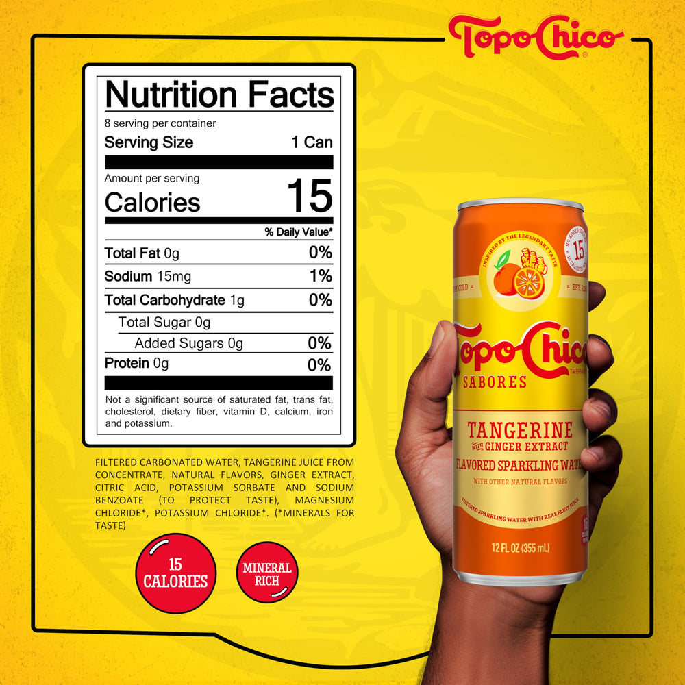 Pouring Topo Chico Tangerine Ginger into a glass for a bright, bubbly experience