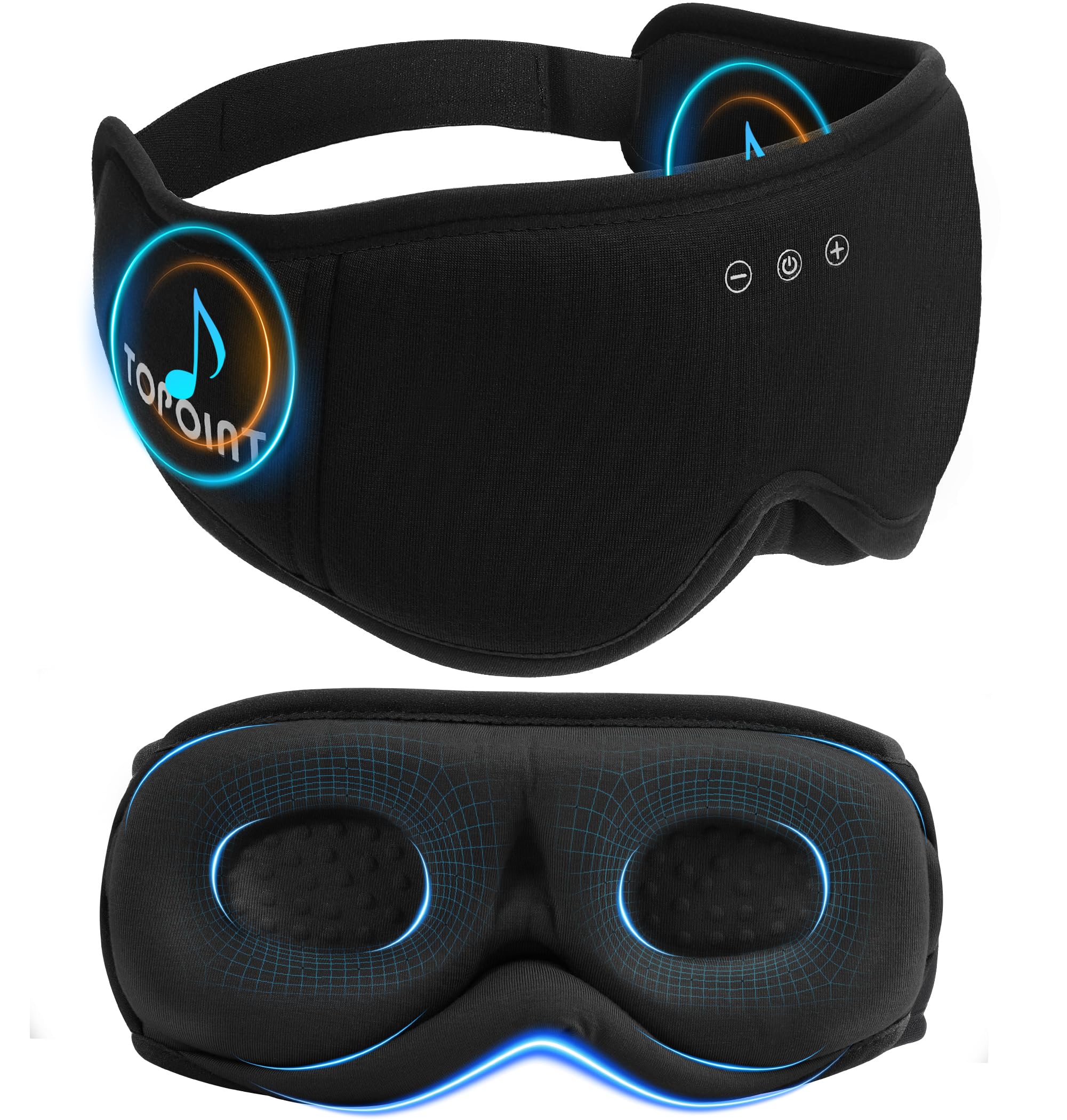 TOPOINT sleep mask with Bluetooth 5.4 setup offering darkness and wireless audio.