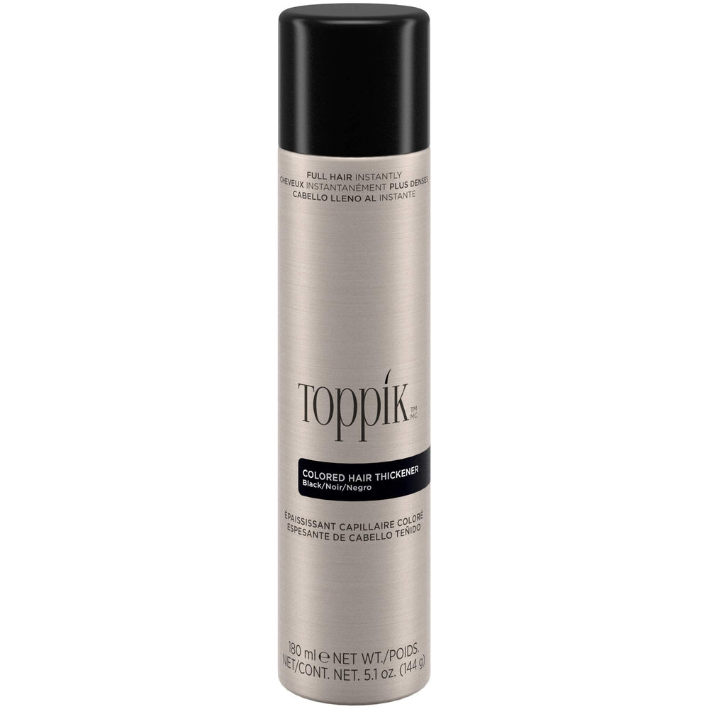 Toppik colored hair thickener in black for root touch-up and seamless color match.