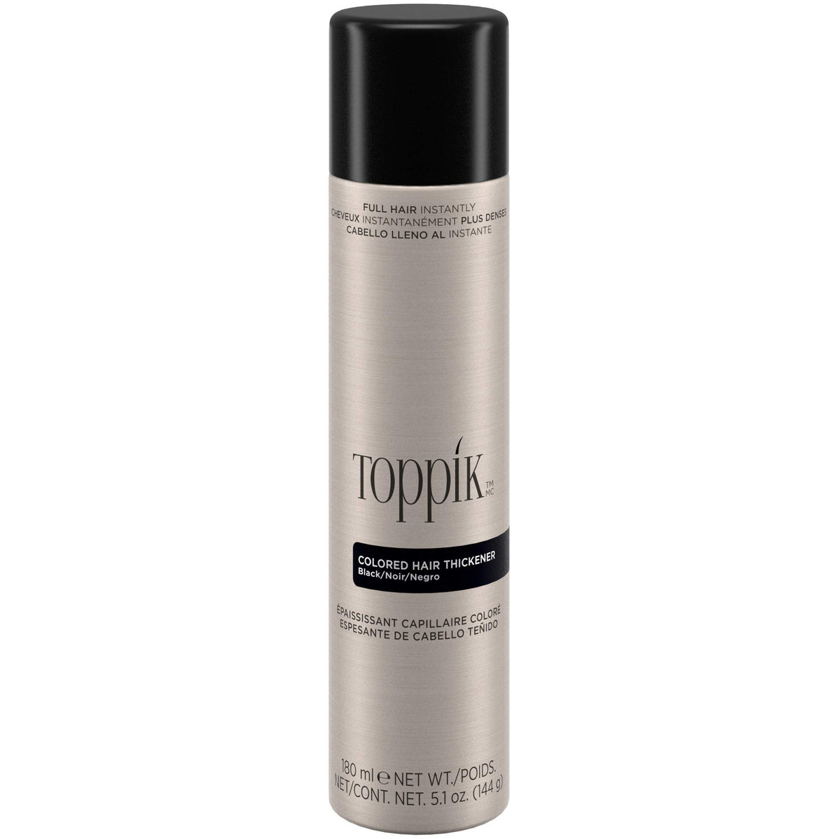 Toppik colored hair thickener in black for root touch-up and seamless color match.