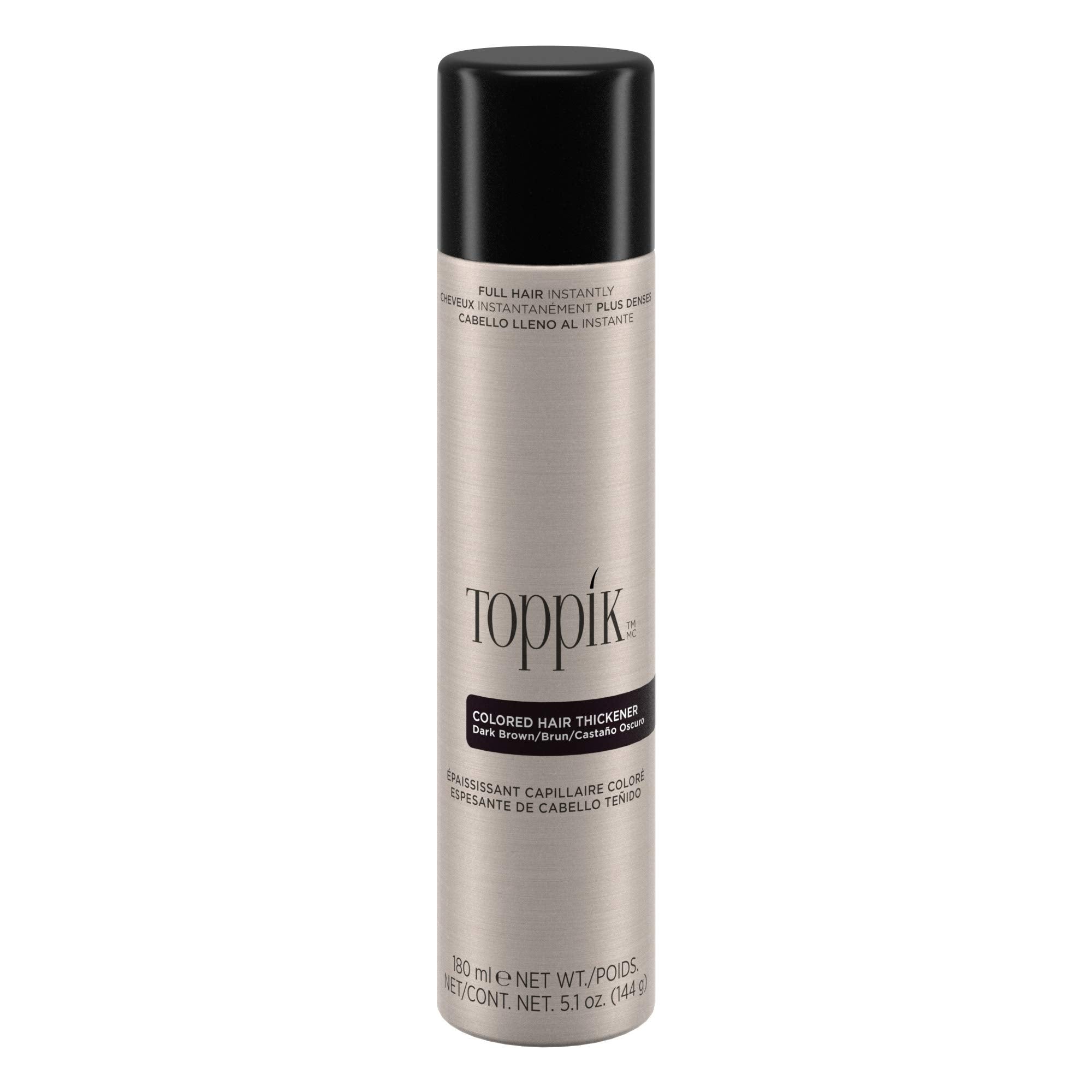 Toppik colored hair thickener dark brown can for quick coverage of thinning areas.