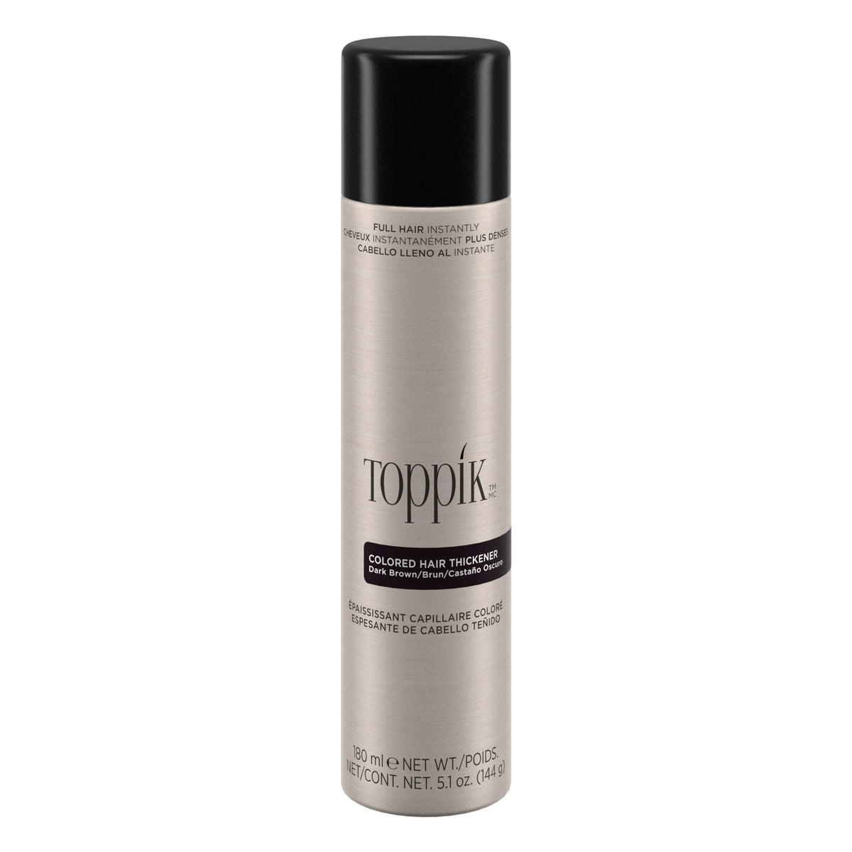 Toppik colored hair thickener dark brown can for quick coverage of thinning areas.