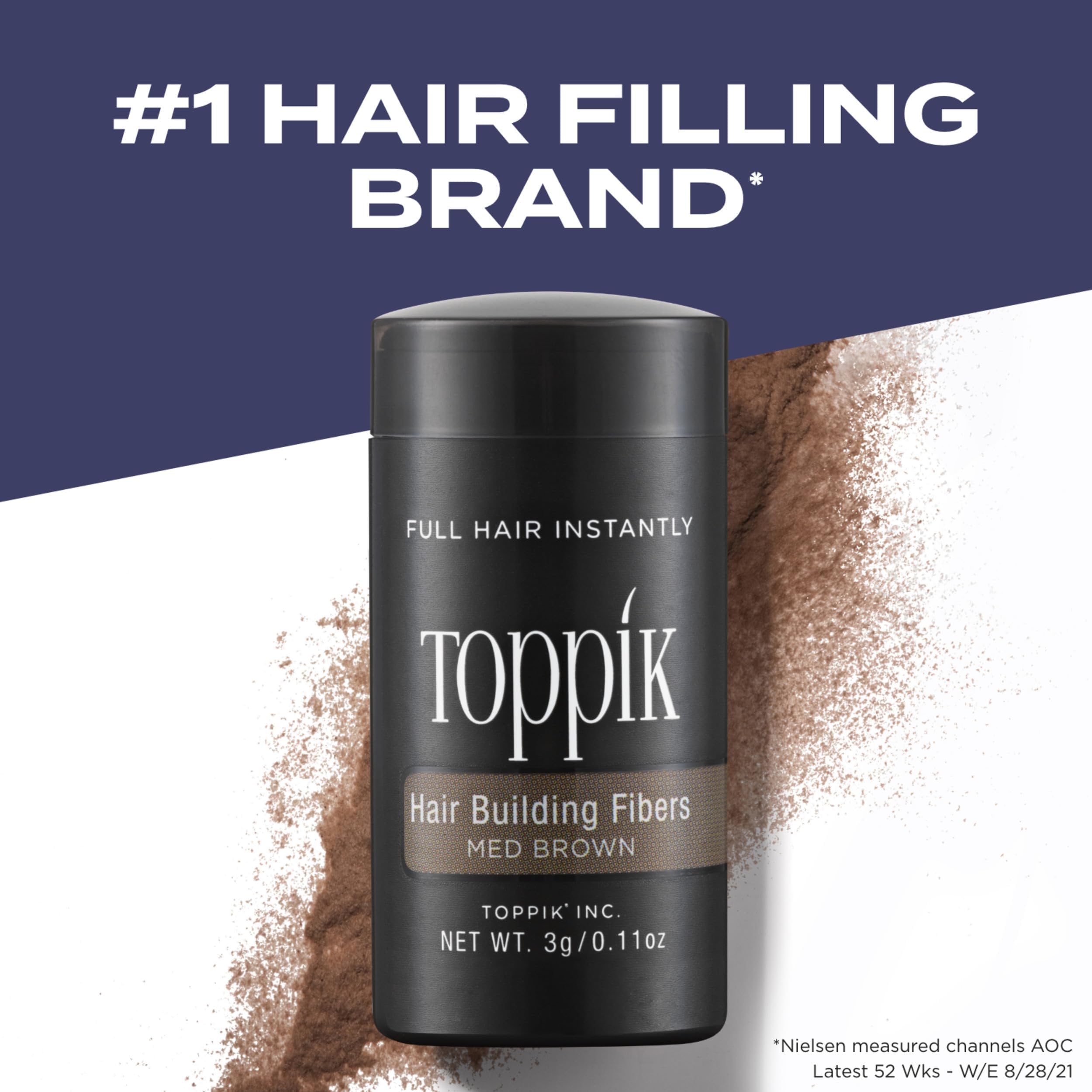 Toppik Hair Fibers application close-up shows shake and apply for instant fullness