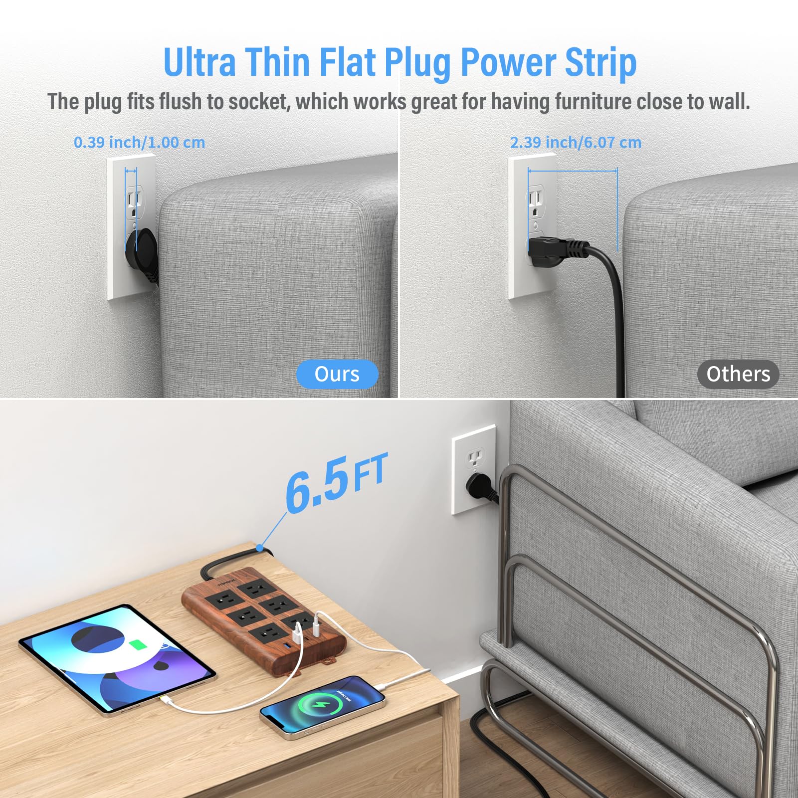 TOPREK desk power strip in wood finish complements home office decor.