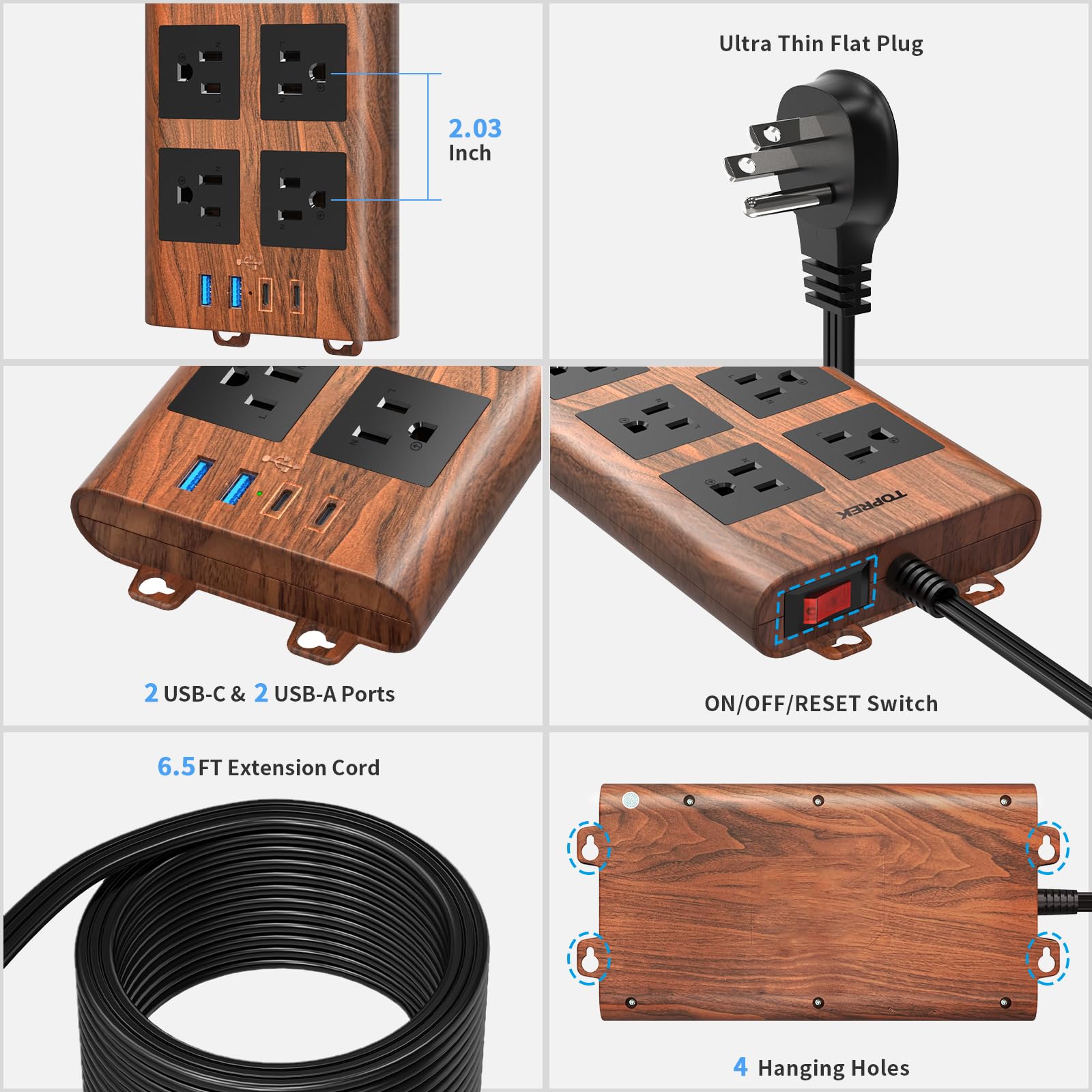 TOPREK power strip ideal for desks, entertainment centers, kitchens, and workspaces.