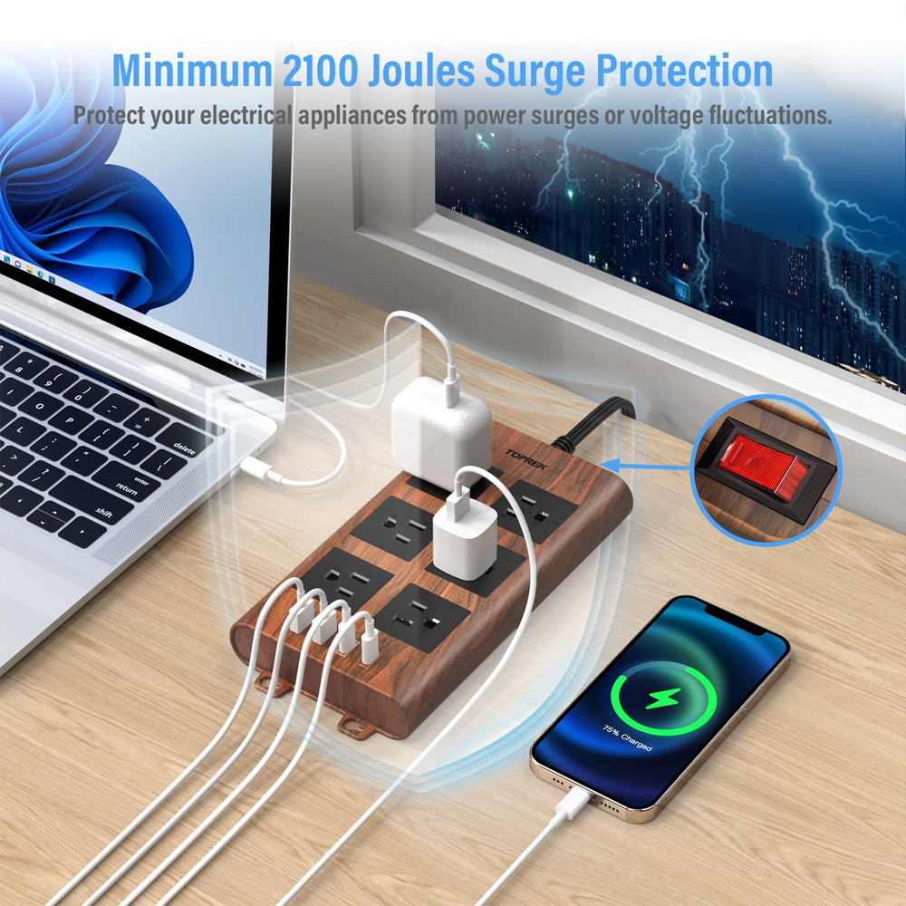 TOPREK flat plug with 6.5 ft cord for tidy behind-furniture placement.